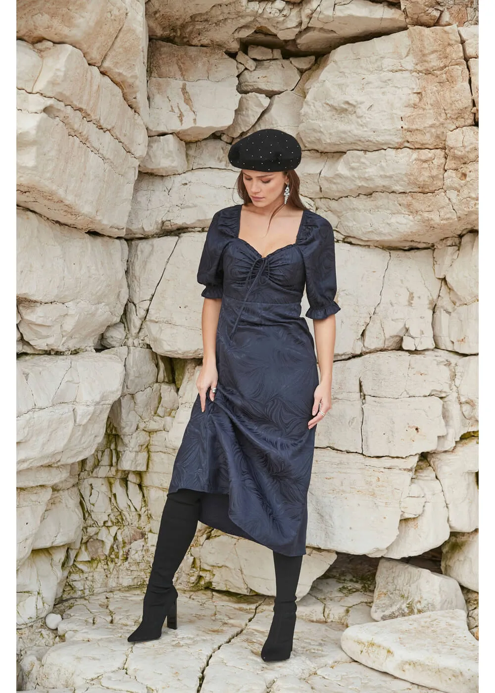 Navy Dolly Dagger Jacquard Midi Dress by Another Sunday