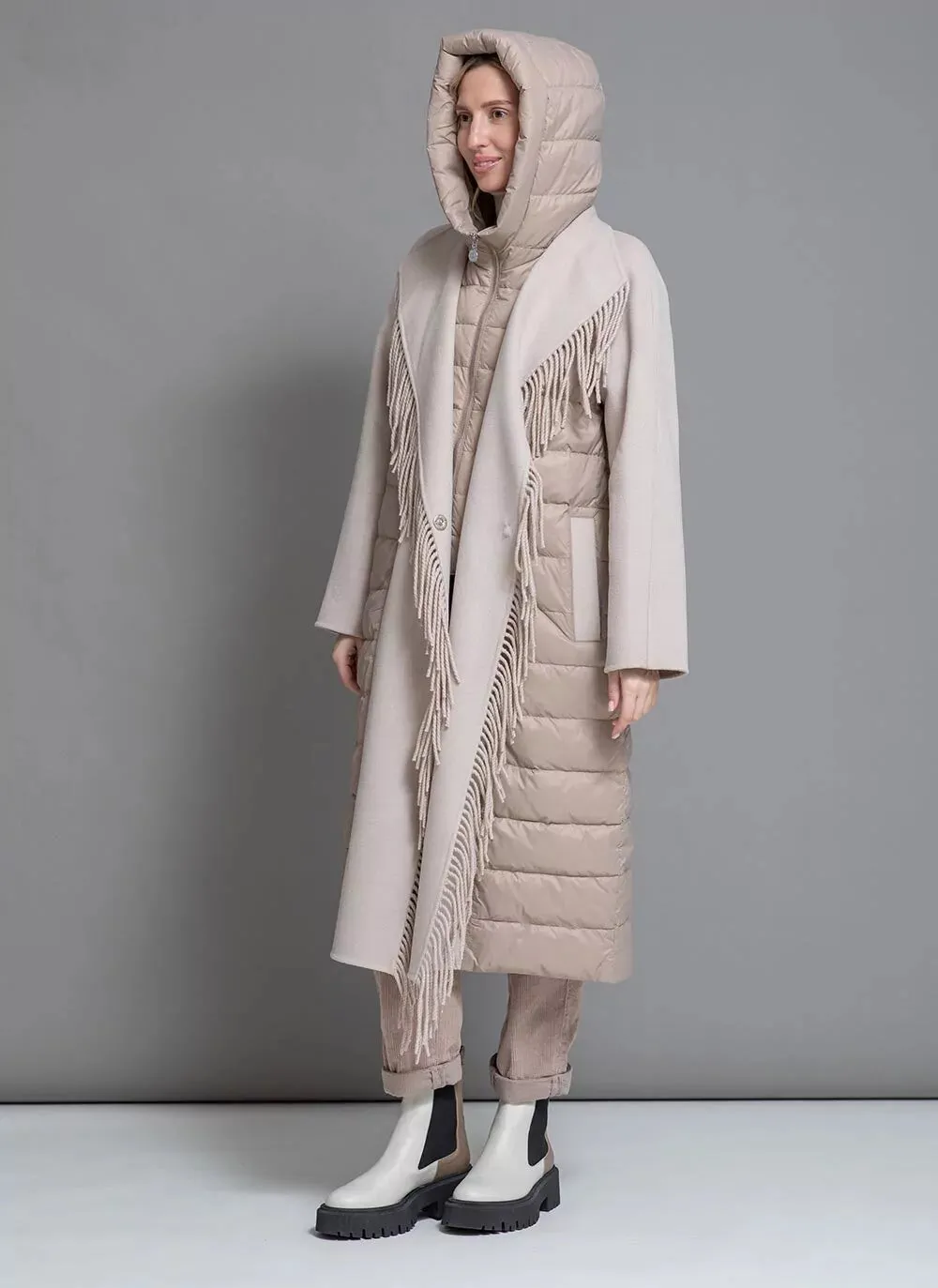 Beige Kennedy Fringe Luxe Down Wool Coat