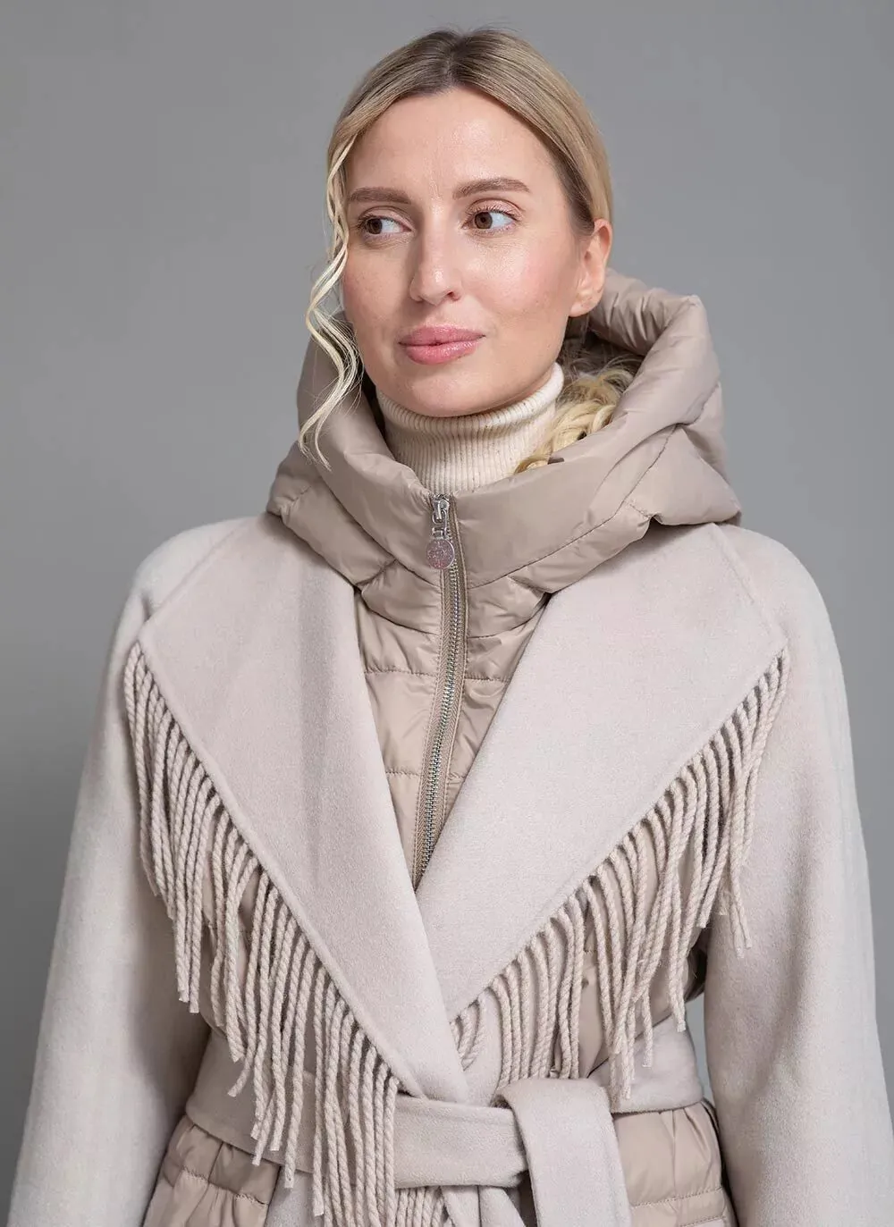 Beige Kennedy Fringe Luxe Down Wool Coat