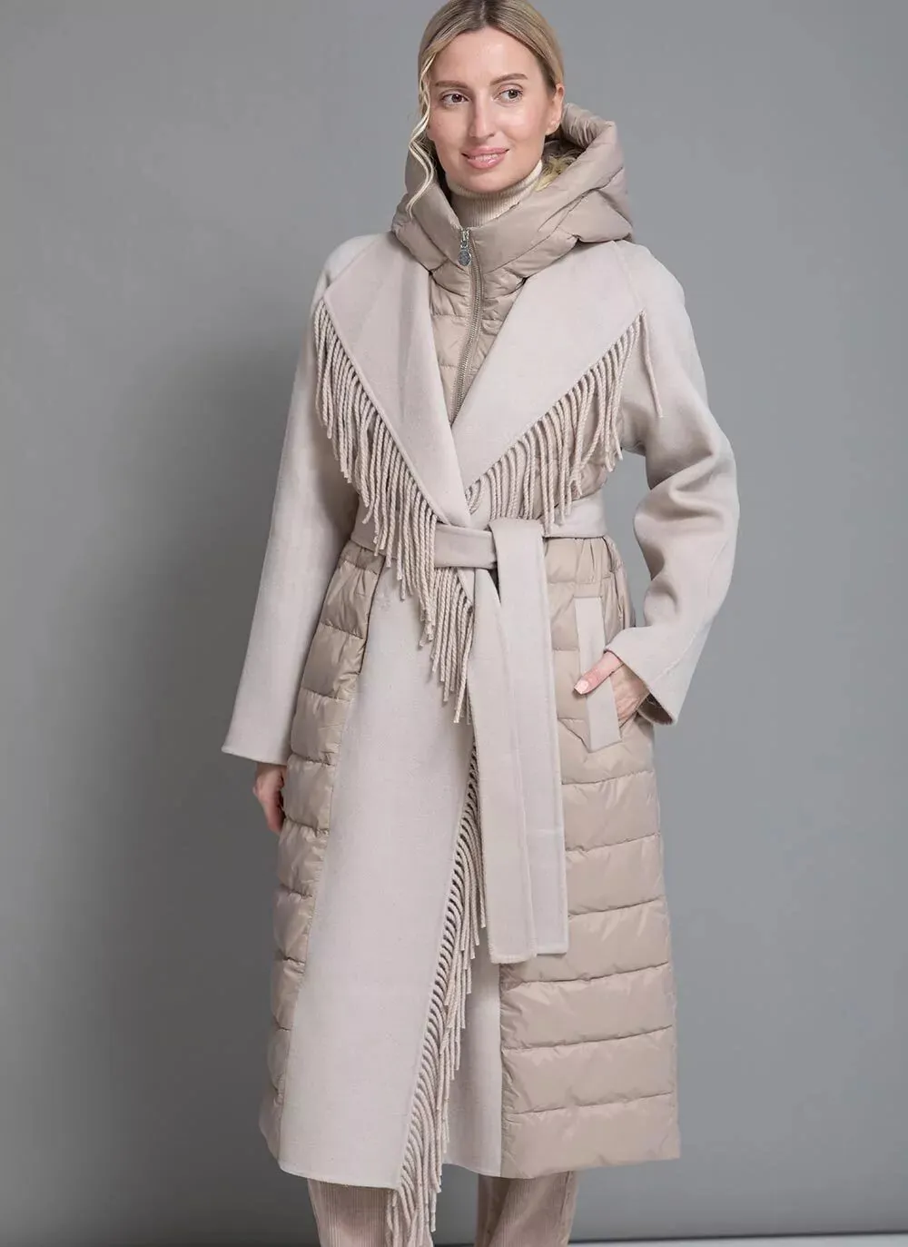 Beige Kennedy Fringe Luxe Down Wool Coat