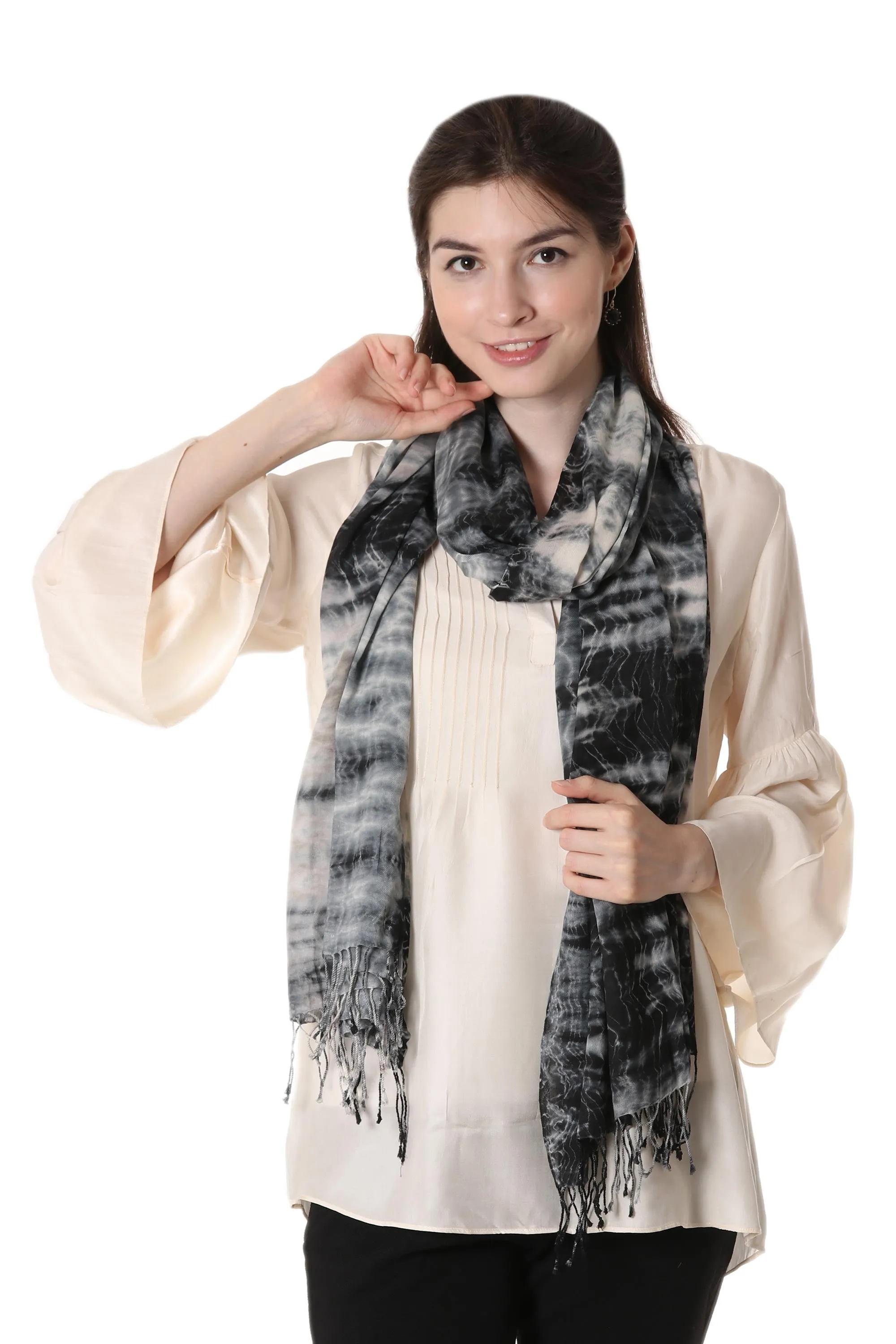 Black and Ivory Shibori Cotton Shawl from India - Elegant 100% Cotton