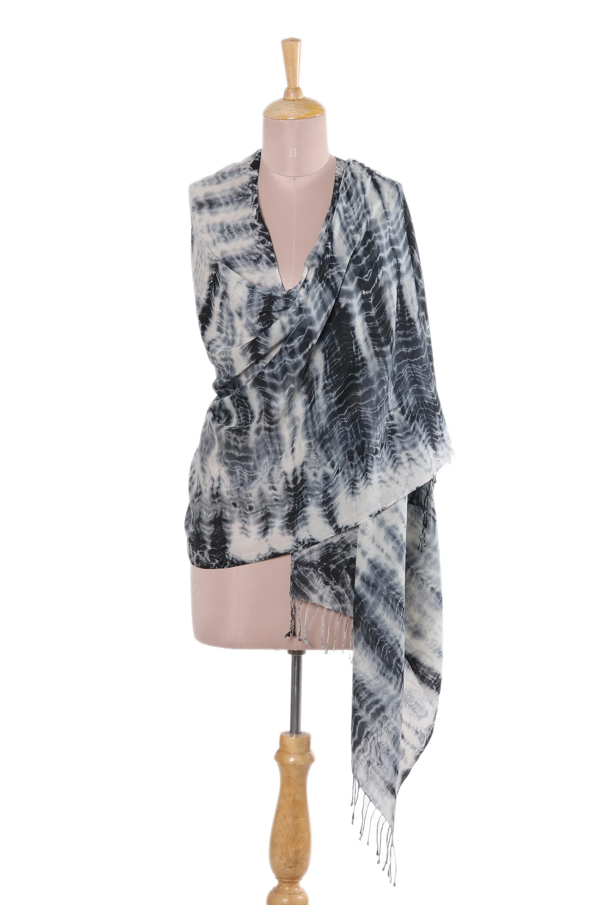 Black and Ivory Shibori Cotton Shawl from India - Elegant 100% Cotton