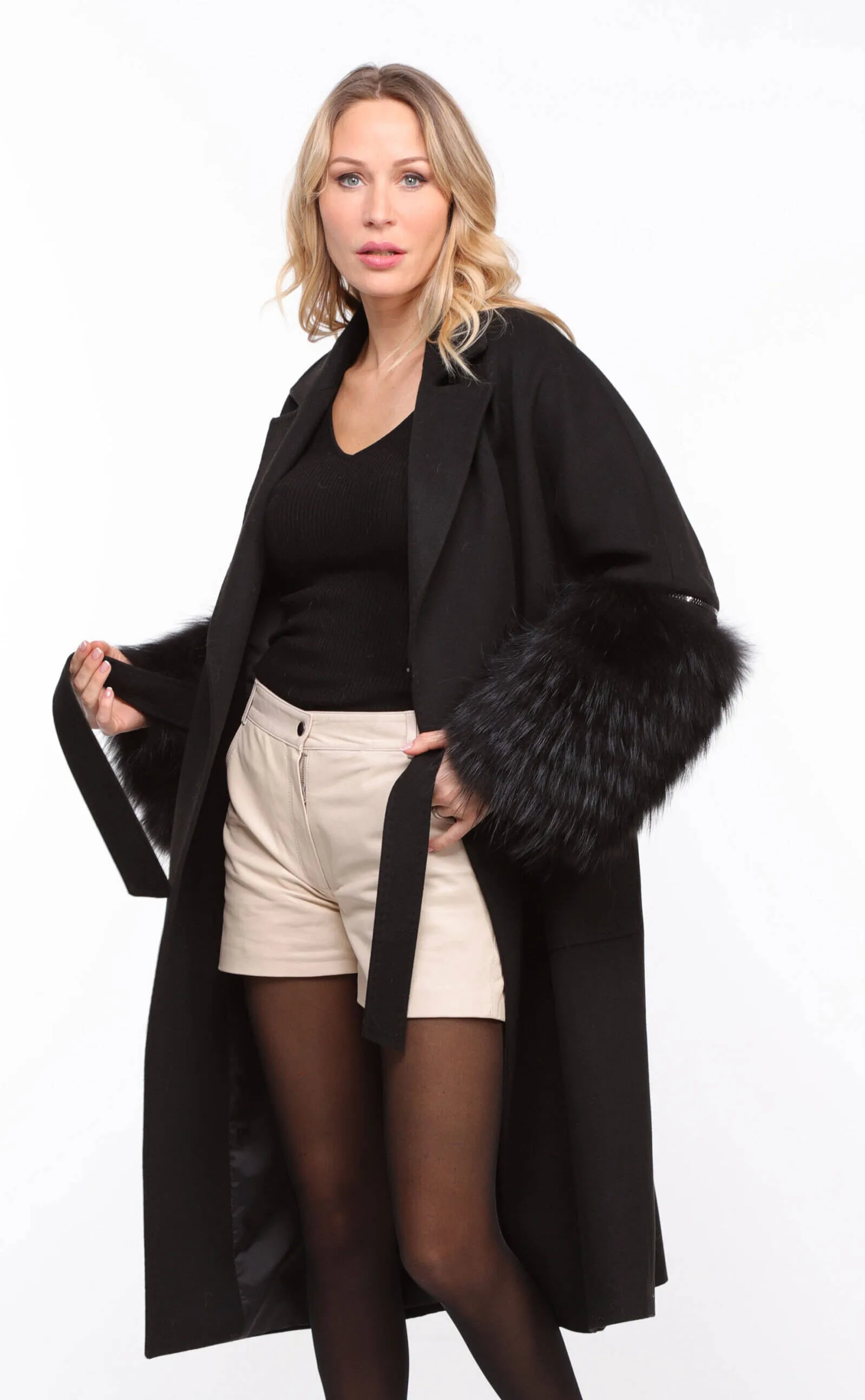 Black fabric fox coat for women named Jana.