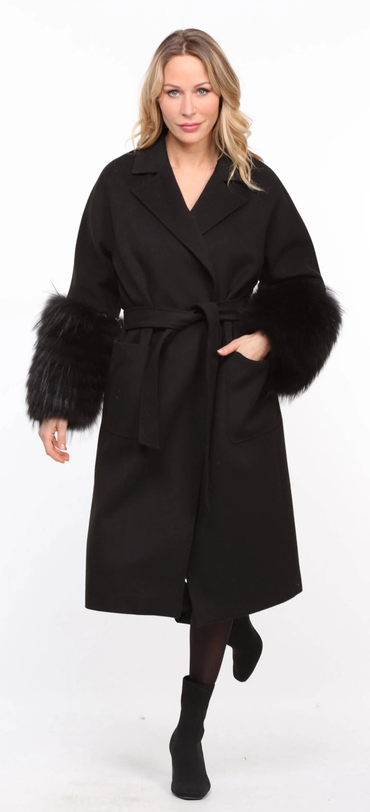 Black fabric fox coat for women named Jana.