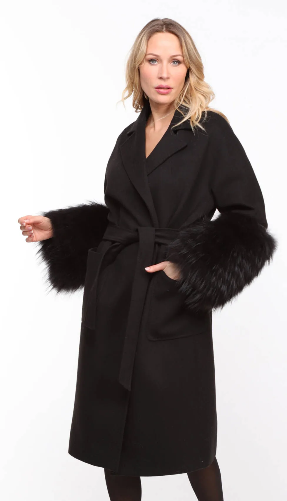 Black fabric fox coat for women named Jana.