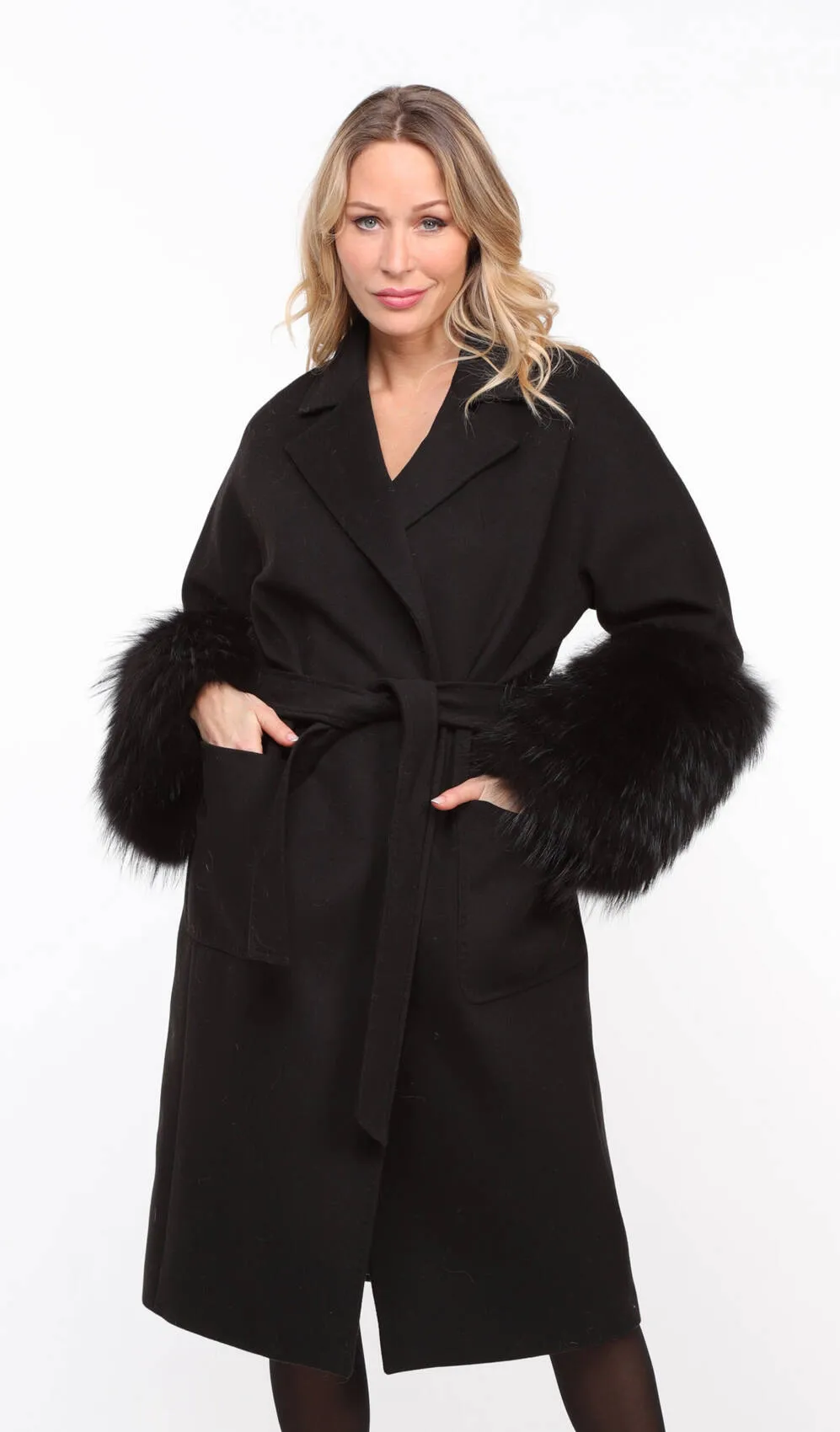 Black fabric fox coat for women named Jana.