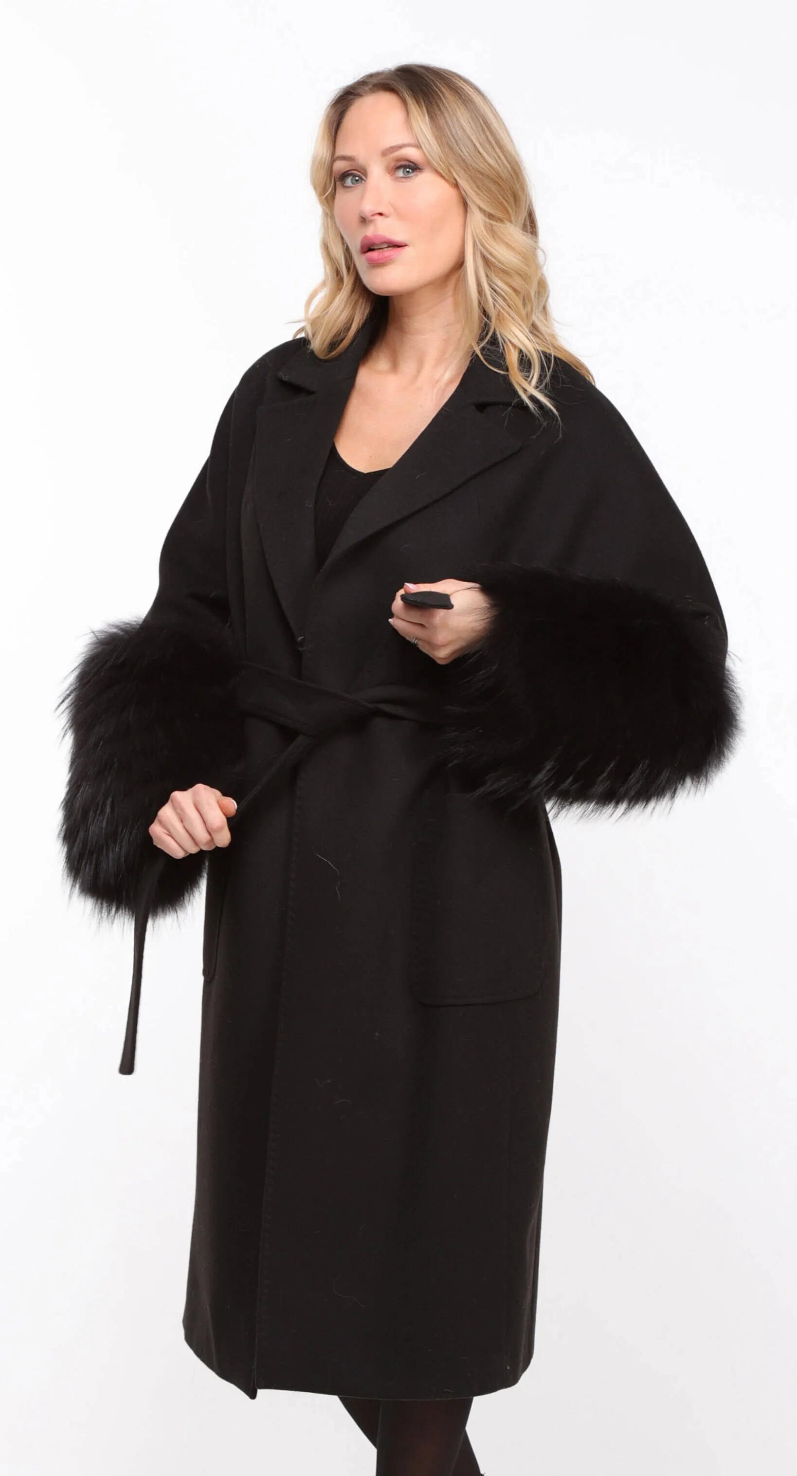 Black fabric fox coat for women named Jana.