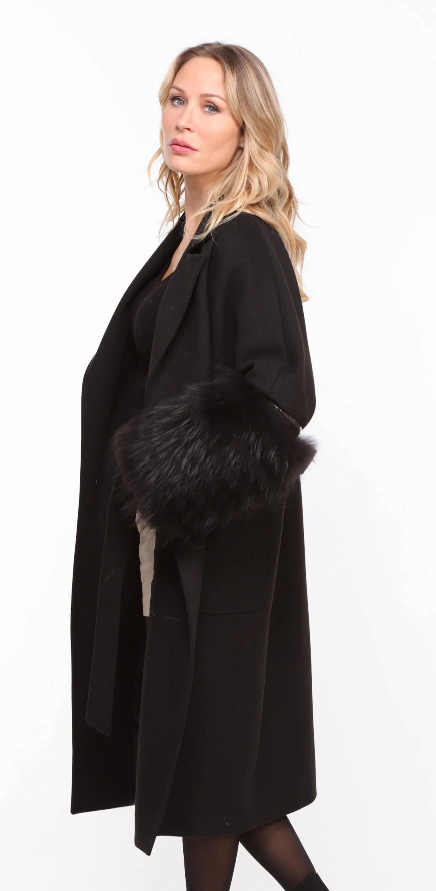 Black fabric fox coat for women named Jana.