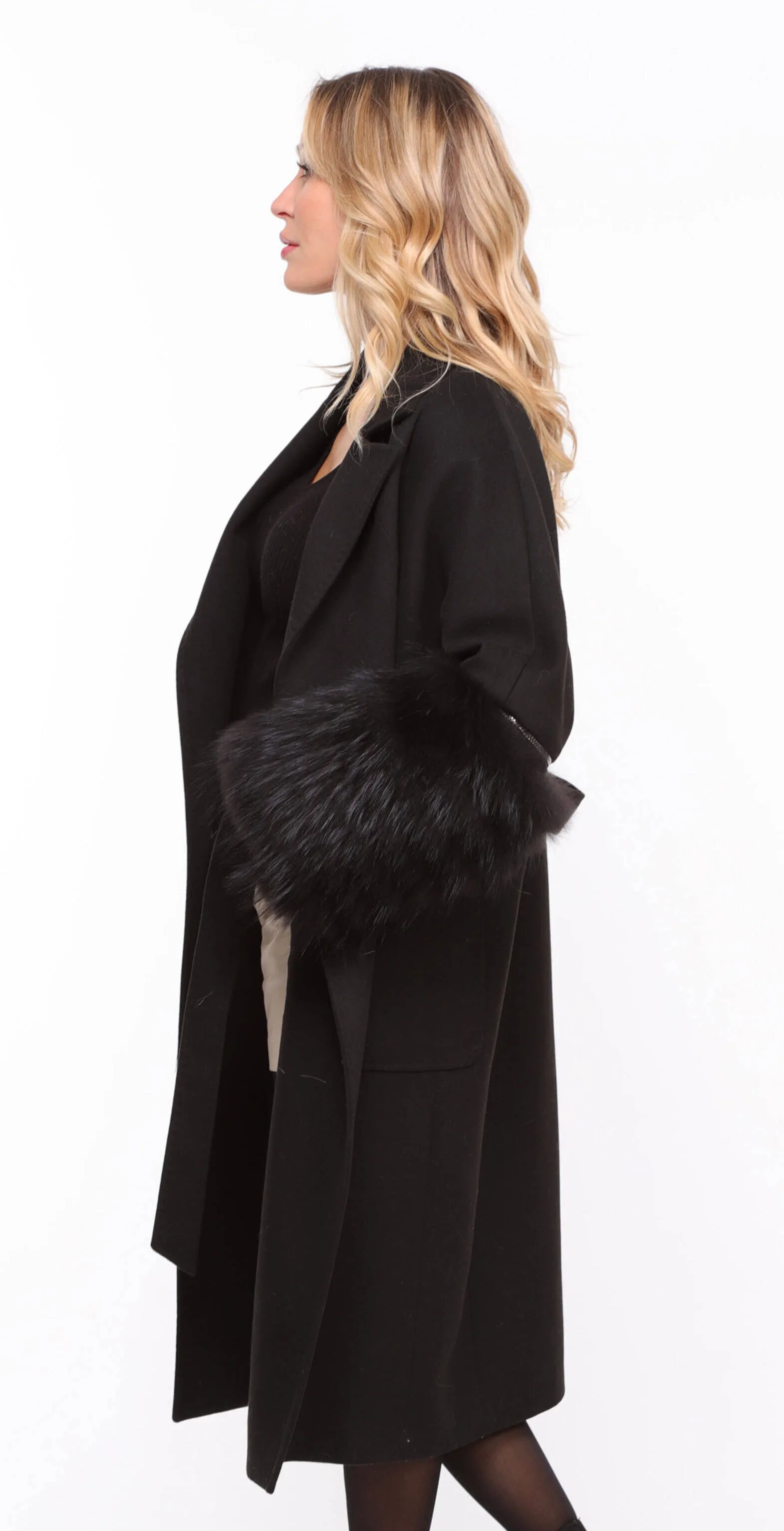 Black fabric fox coat for women named Jana.