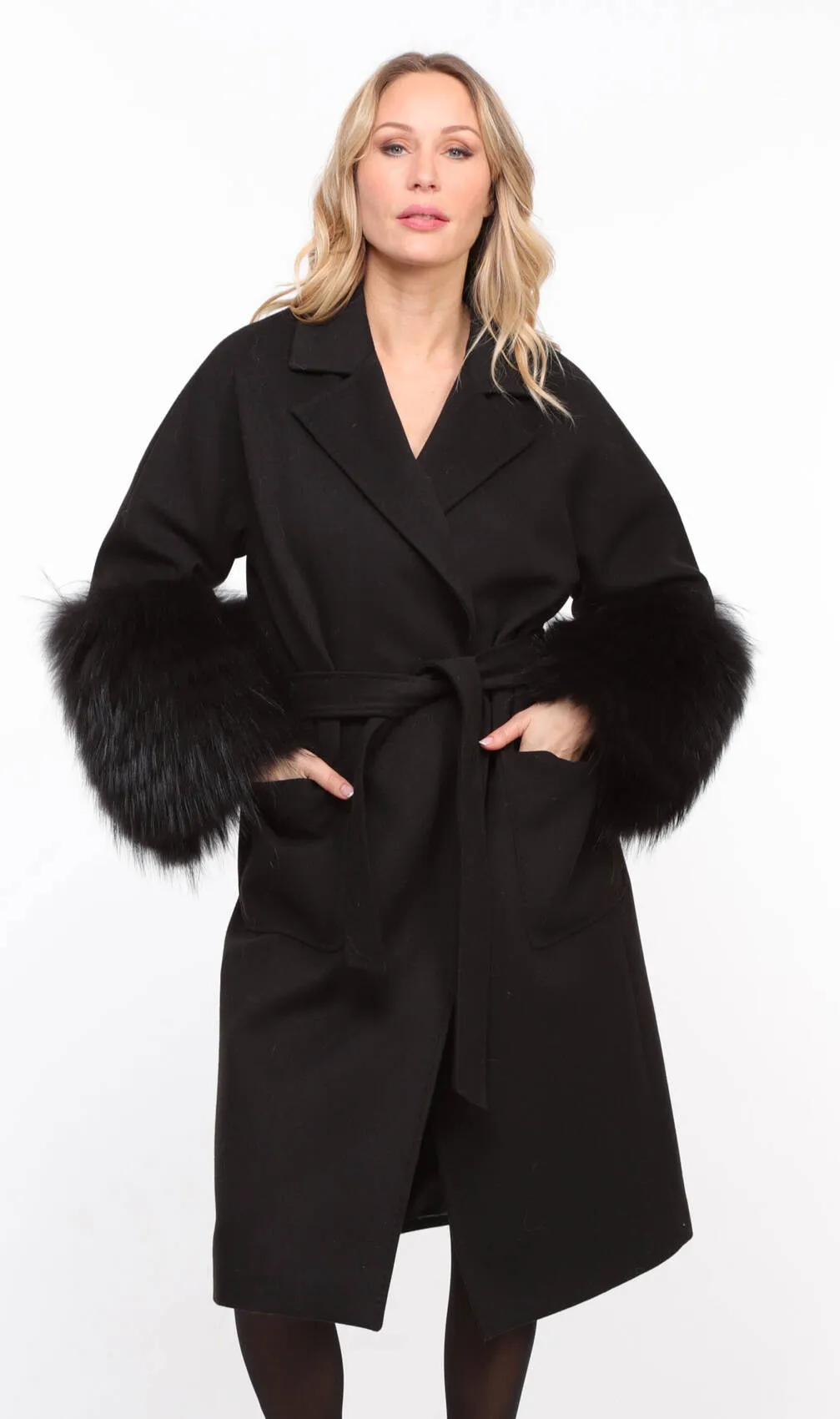 Black fabric fox coat for women named Jana.