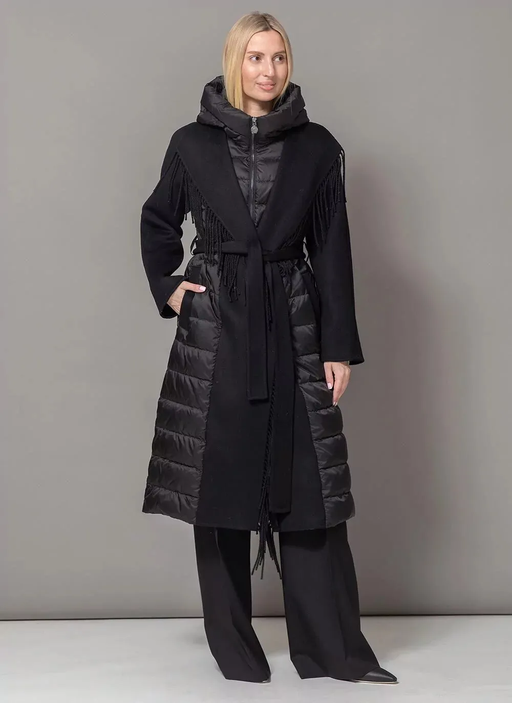 Black Kennedy Fringe Luxe Down Wool Coat