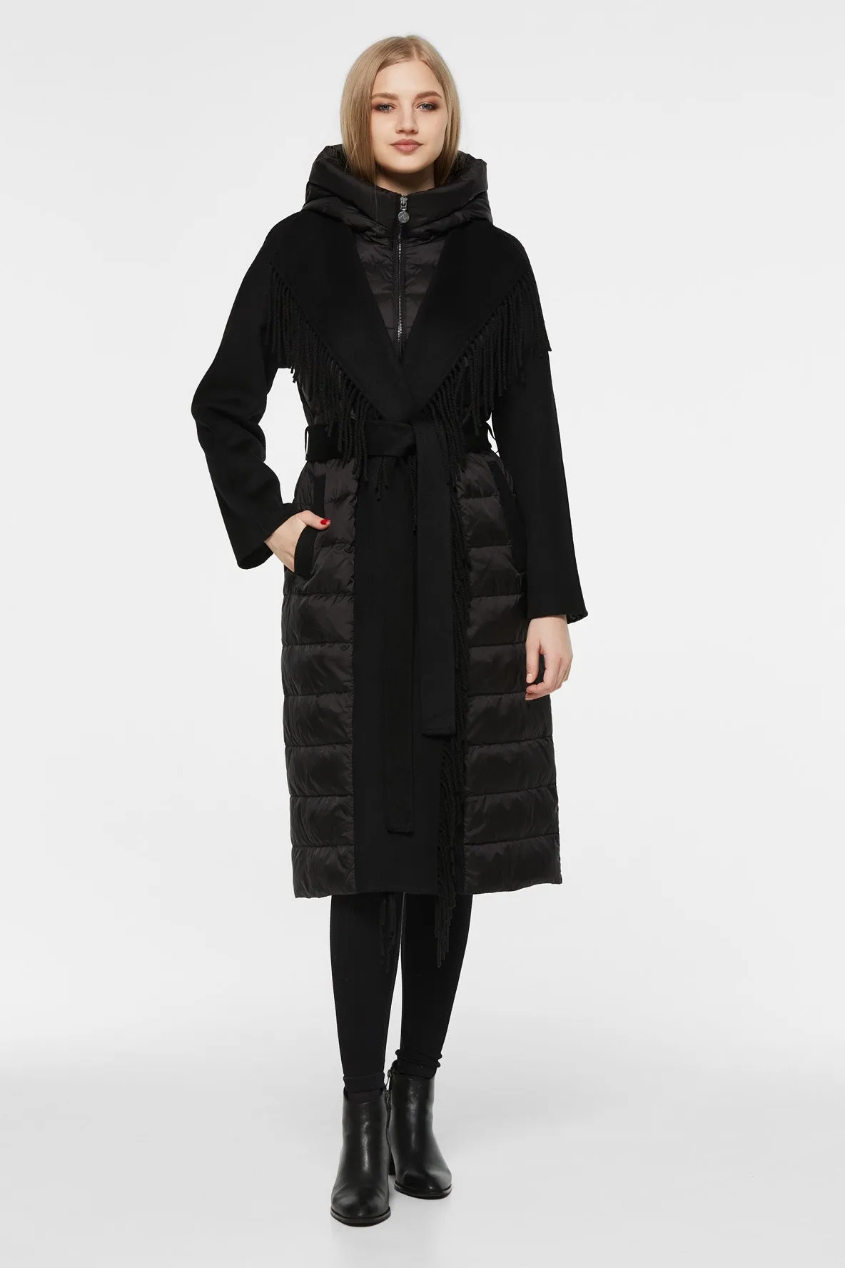 Black Kennedy Fringe Luxe Down Wool Coat