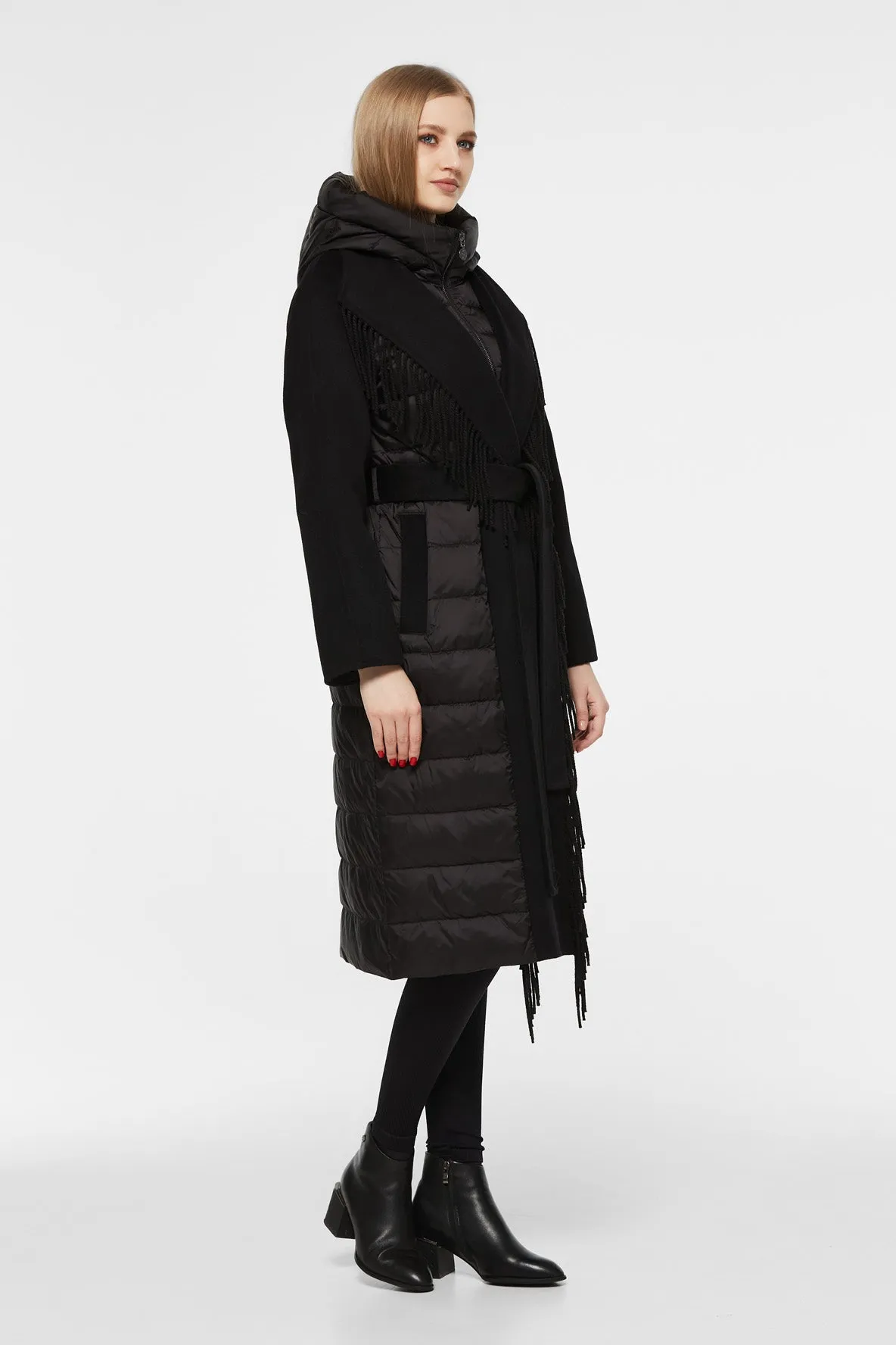 Black Kennedy Fringe Luxe Down Wool Coat