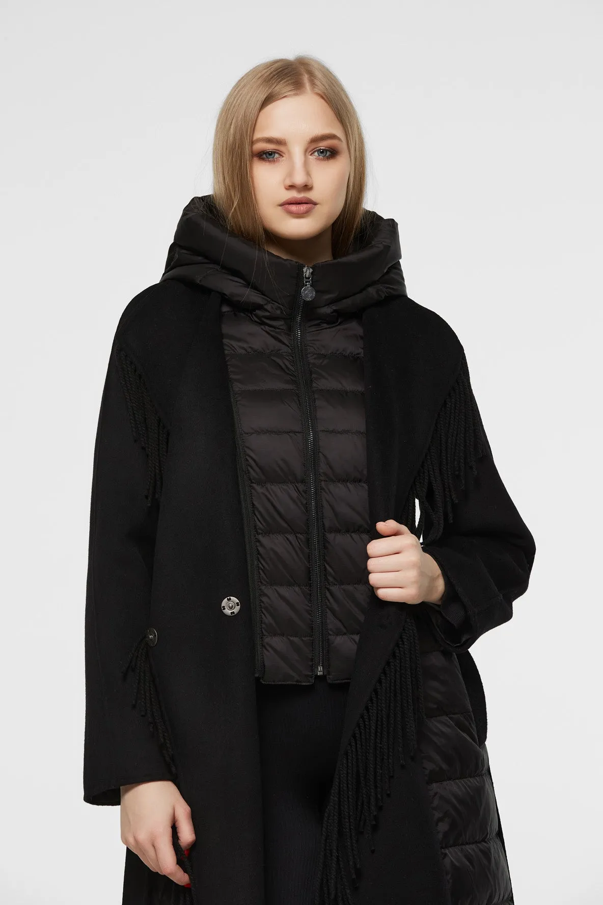 Black Kennedy Fringe Luxe Down Wool Coat