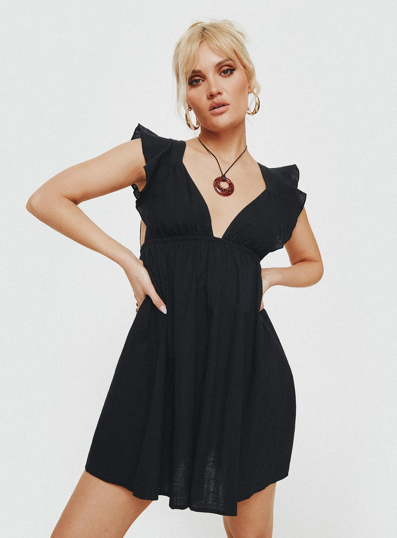 Black Mini Dress with Flutter Sleeves by Koen