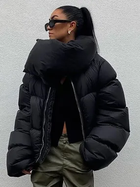 Black Puffer Jacket Coat with Stand Collar for Winter 2024