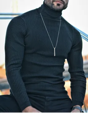 Black Slim Fit Turtleneck Wool Sweater