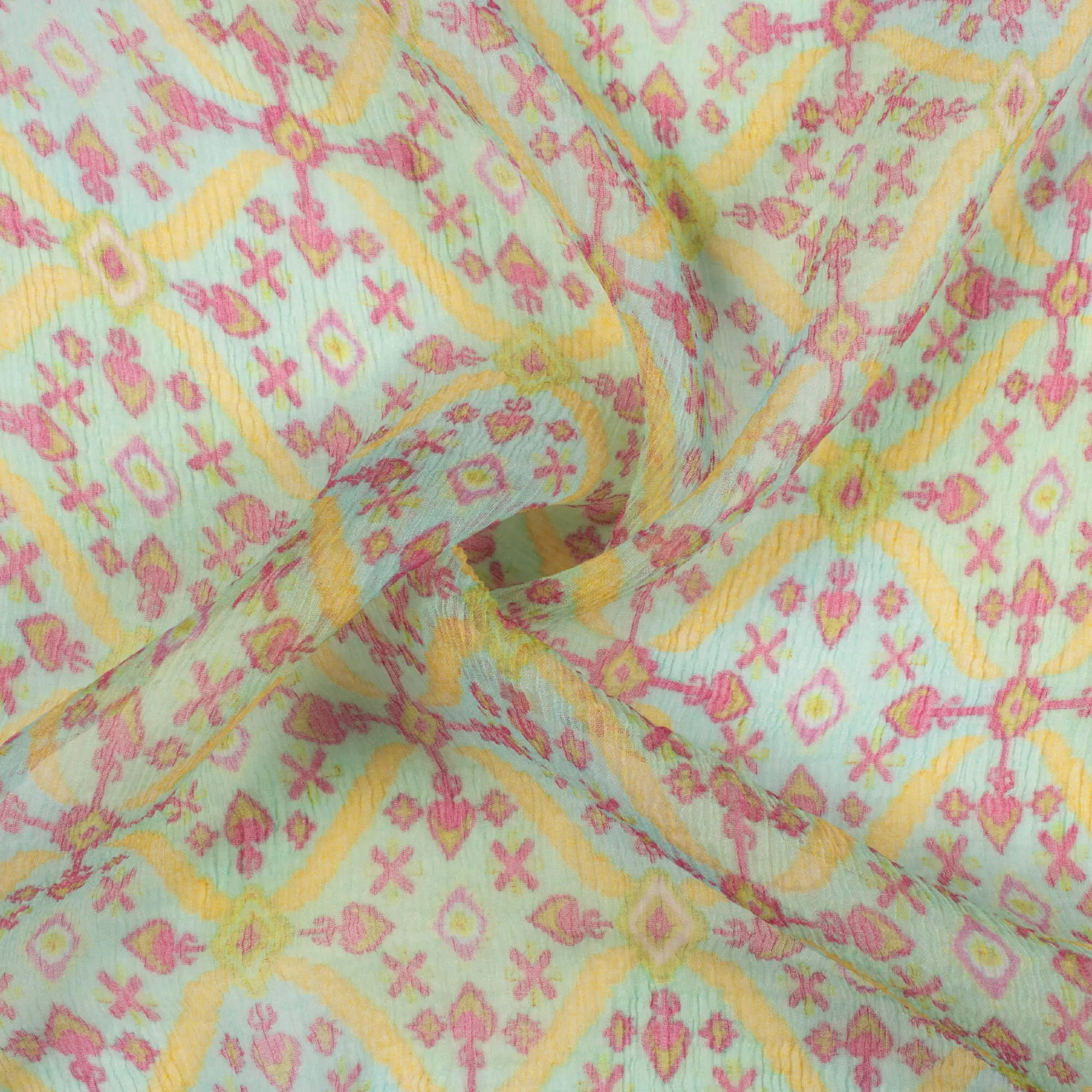 Blue and Yellow Trellis Pattern Bemberg Chiffon Fabric Print