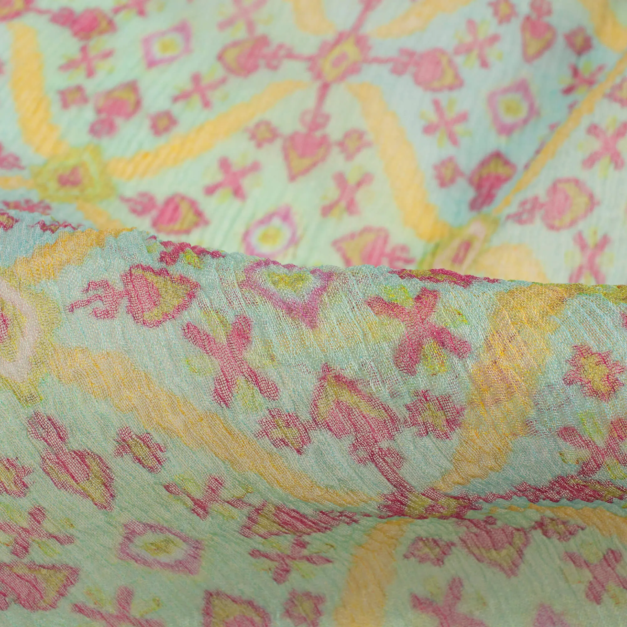 Blue and Yellow Trellis Pattern Bemberg Chiffon Fabric Print