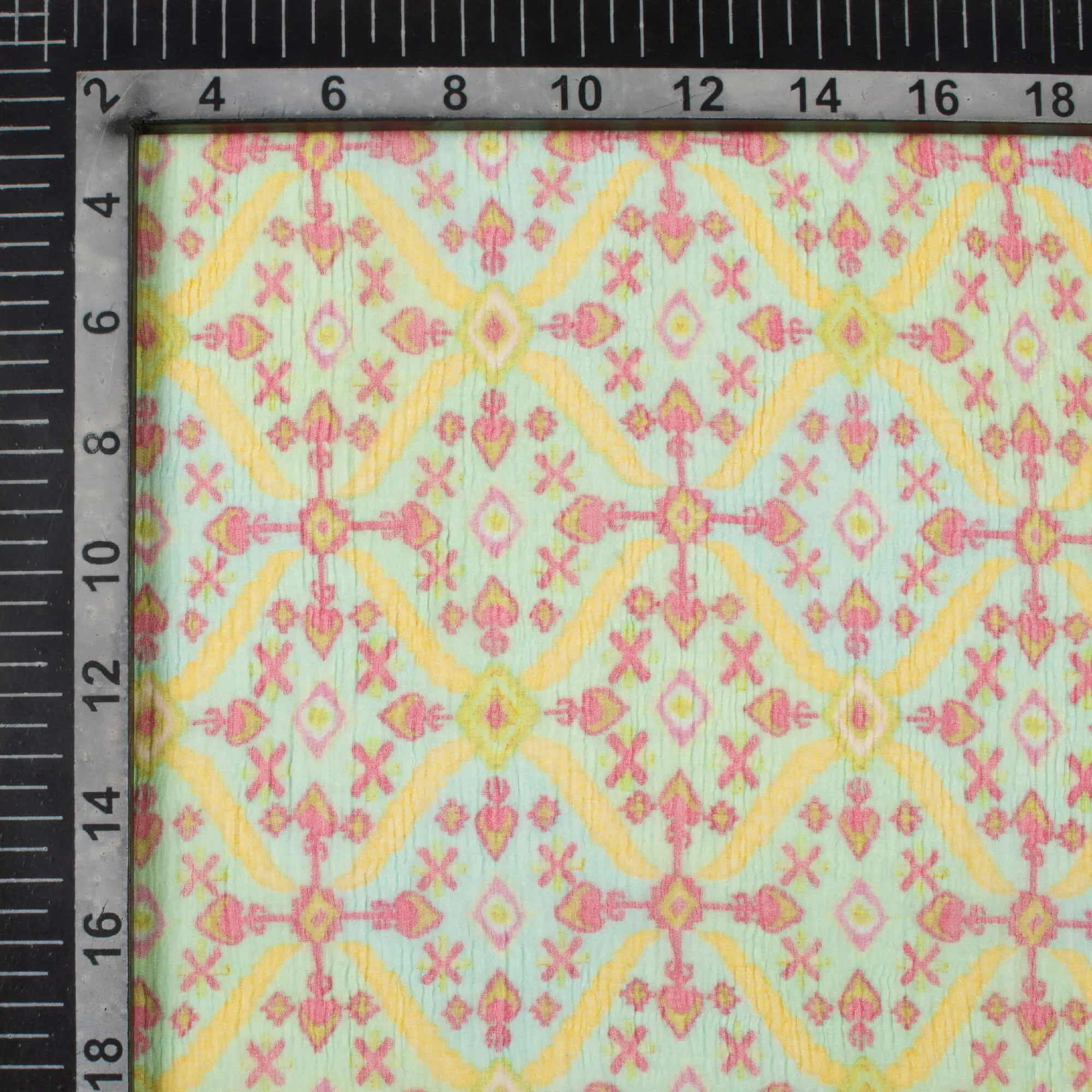 Blue and Yellow Trellis Pattern Bemberg Chiffon Fabric Print