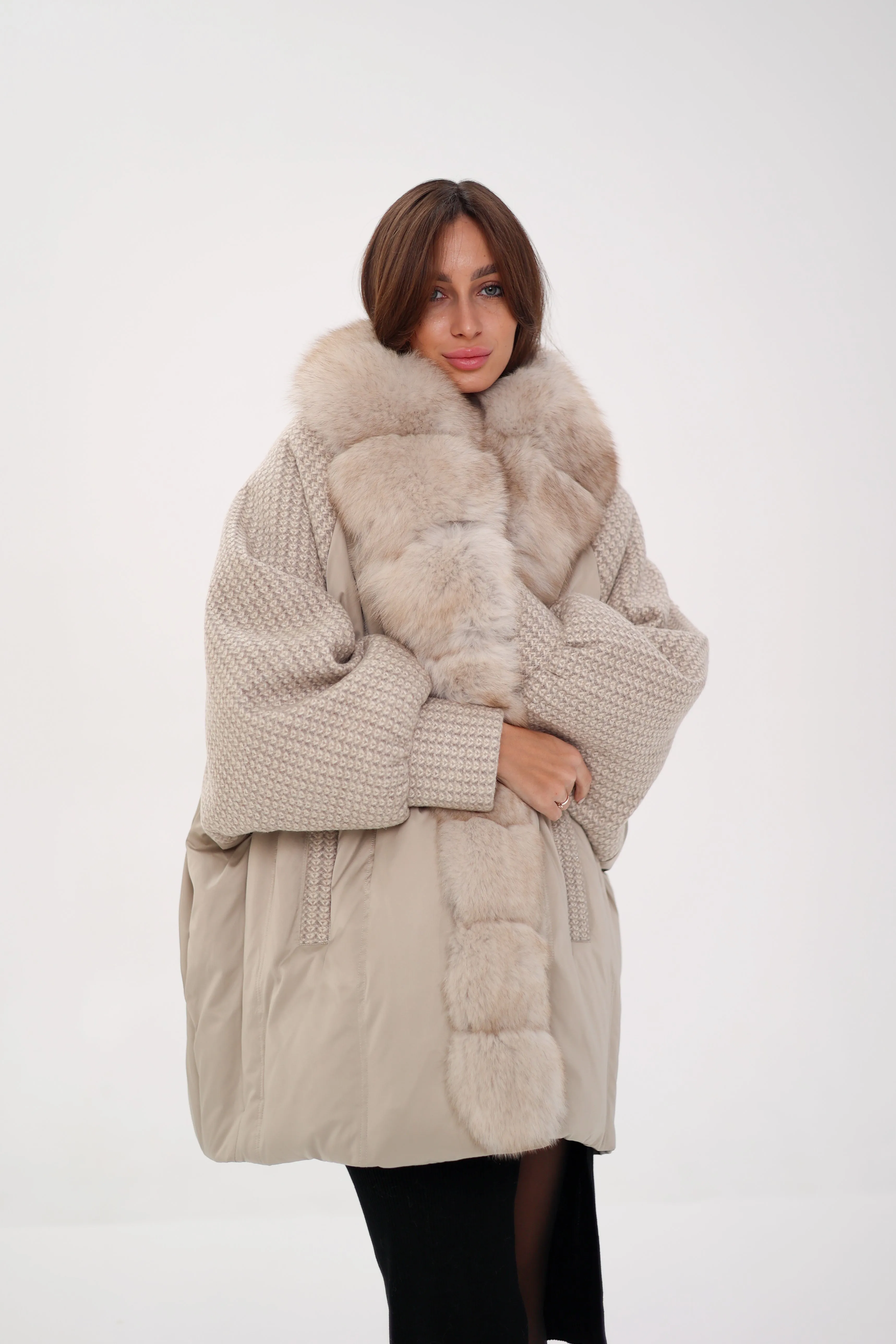 Boucle Down Coat with Genuine Polar Fox