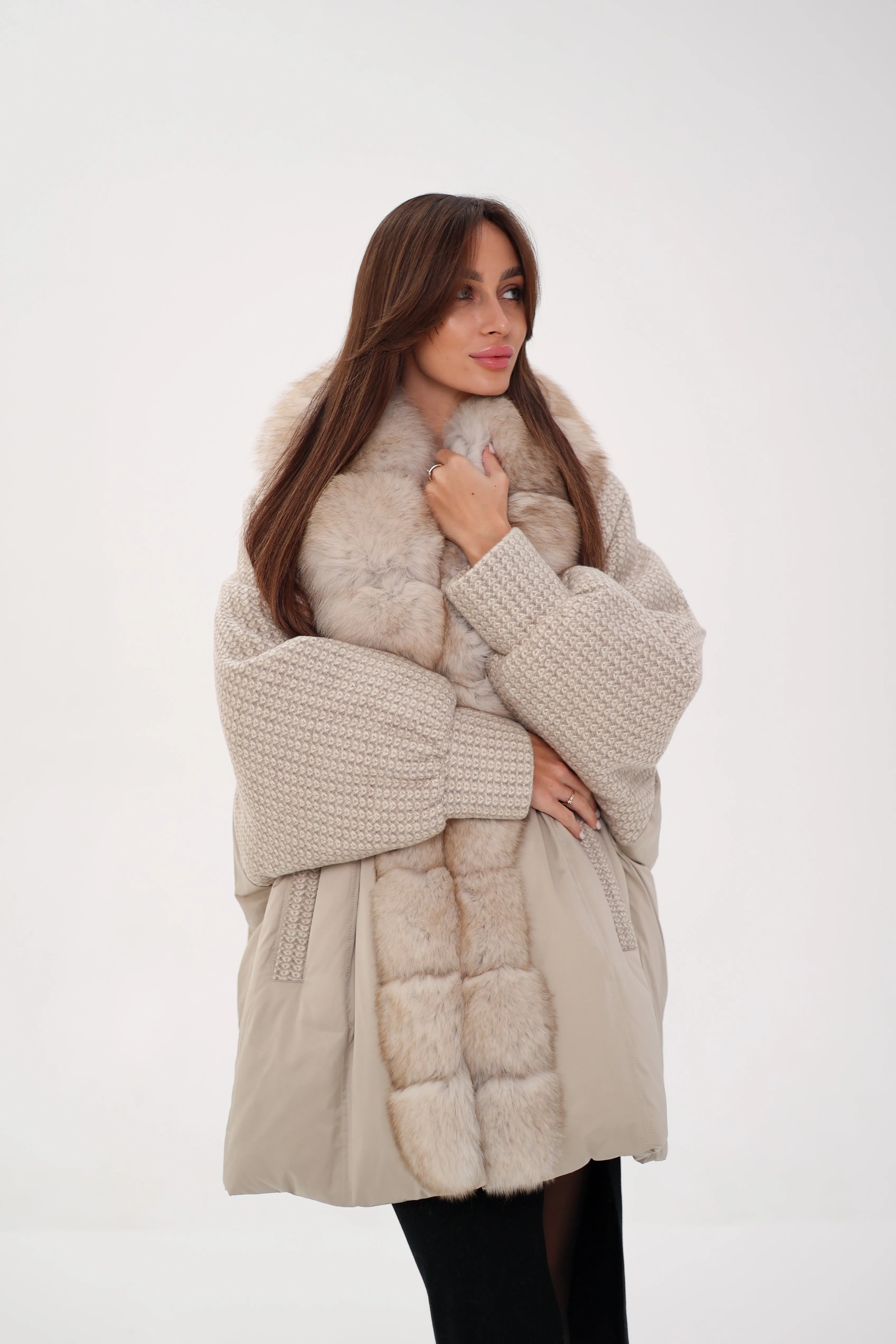 Boucle Down Coat with Genuine Polar Fox