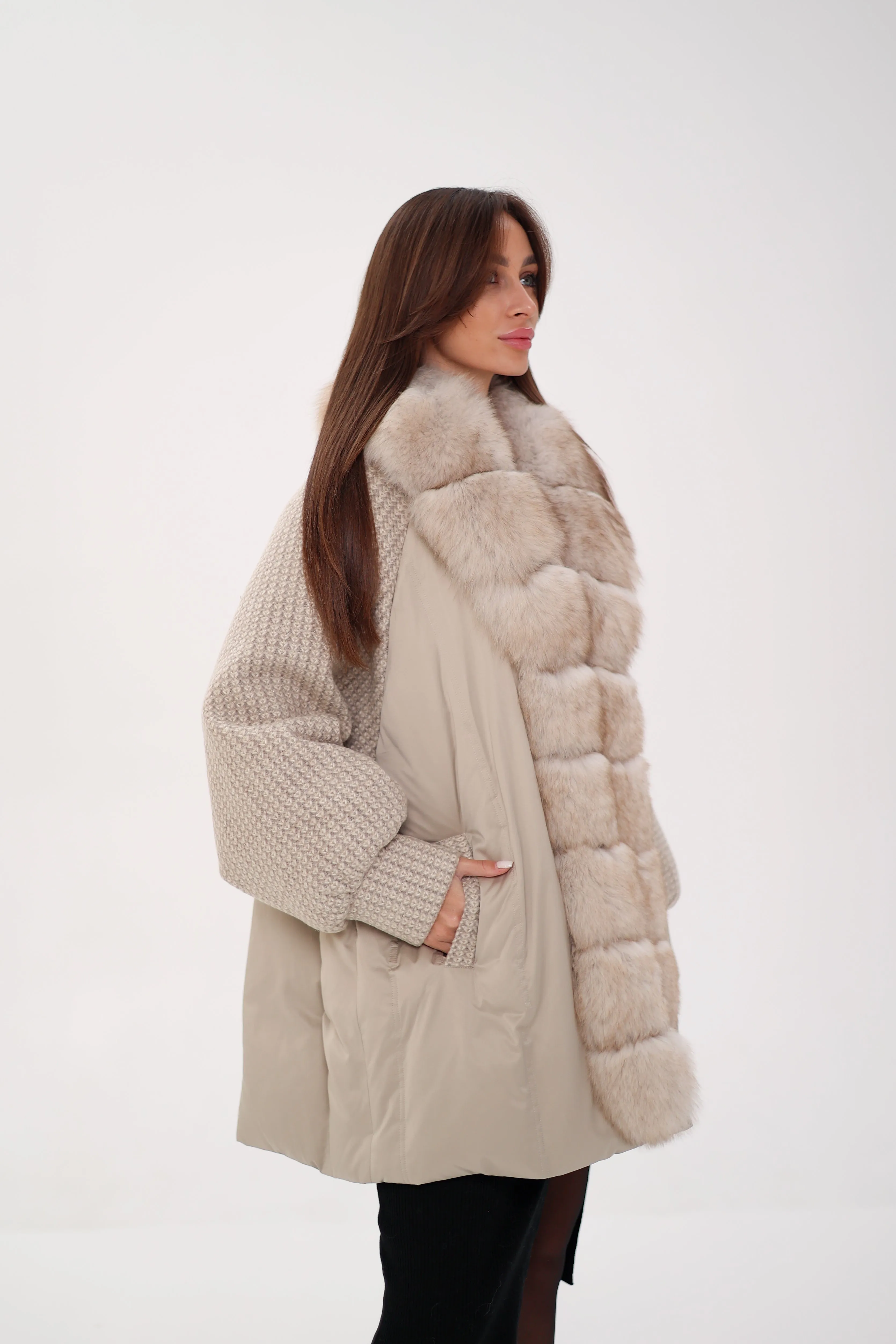 Boucle Down Coat with Genuine Polar Fox