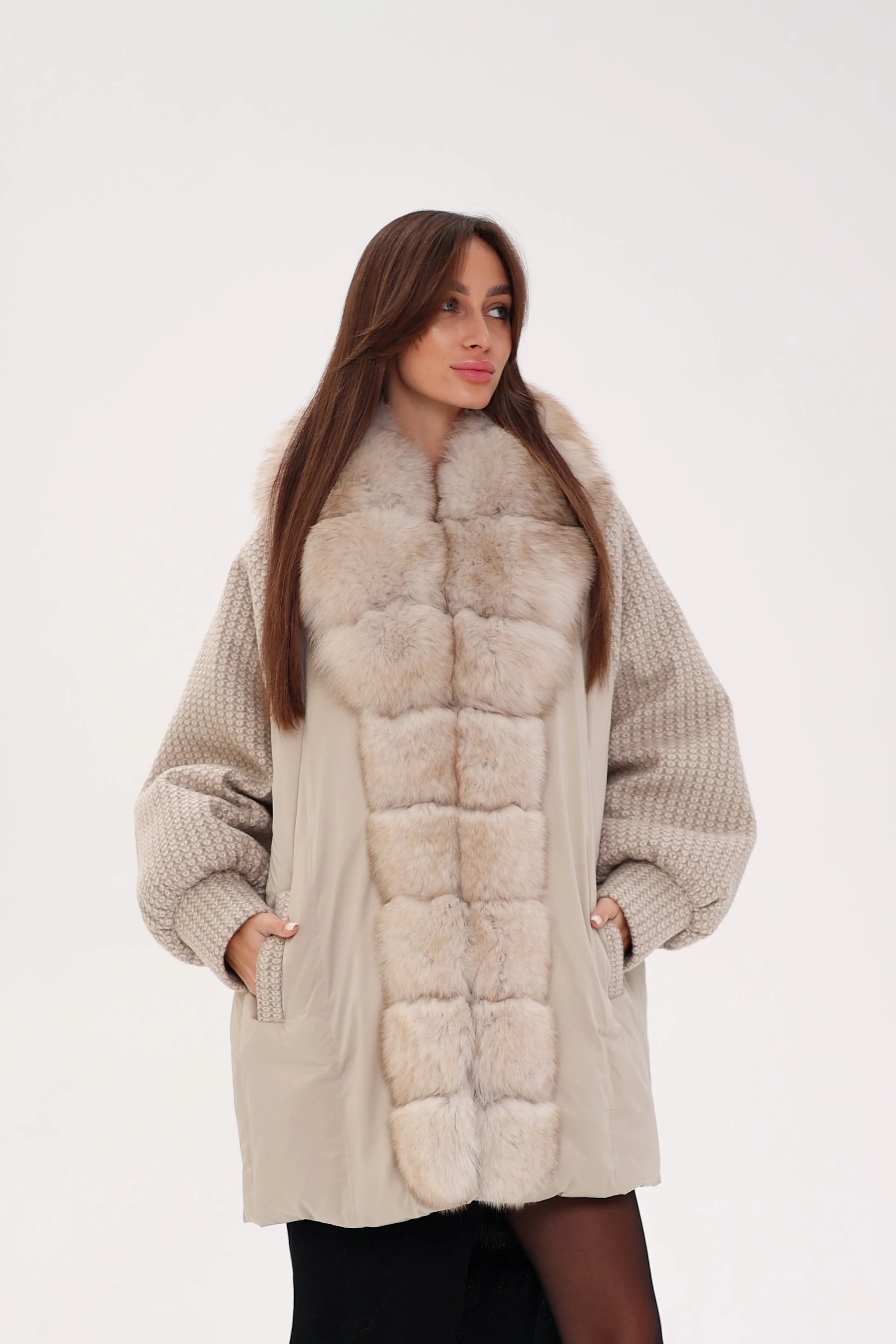 Boucle Down Coat with Genuine Polar Fox