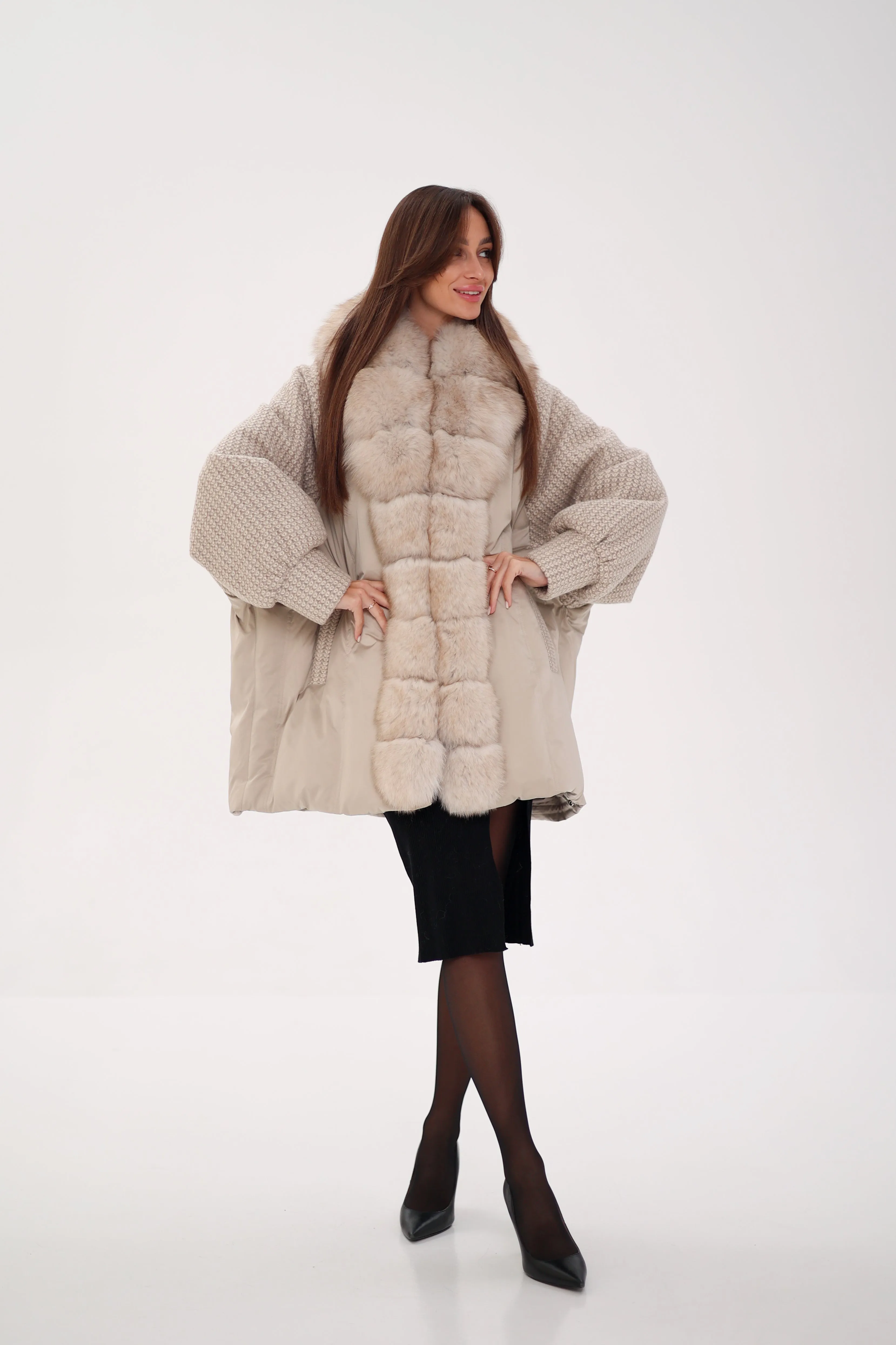 Boucle Down Coat with Genuine Polar Fox