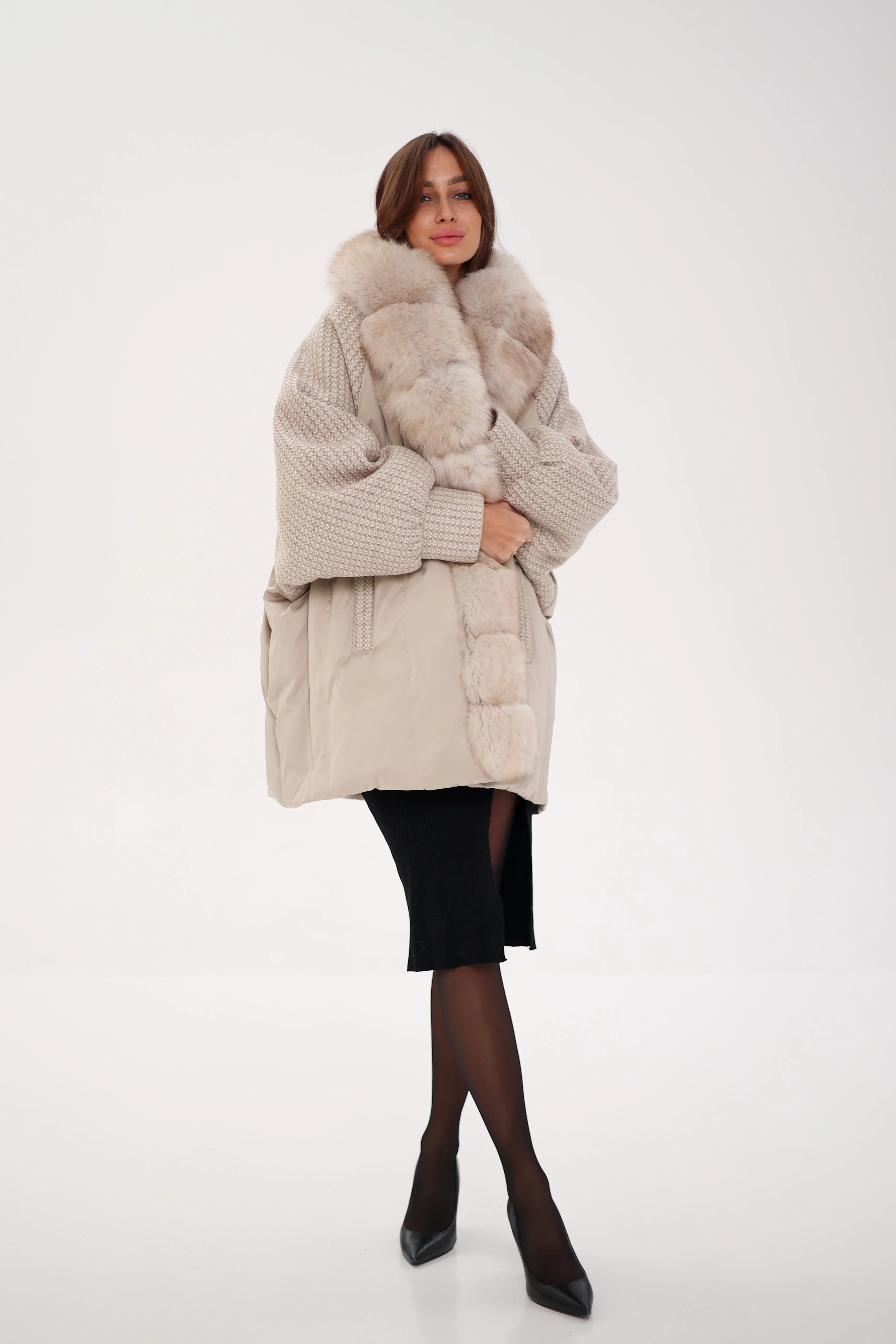 Boucle Down Coat with Genuine Polar Fox