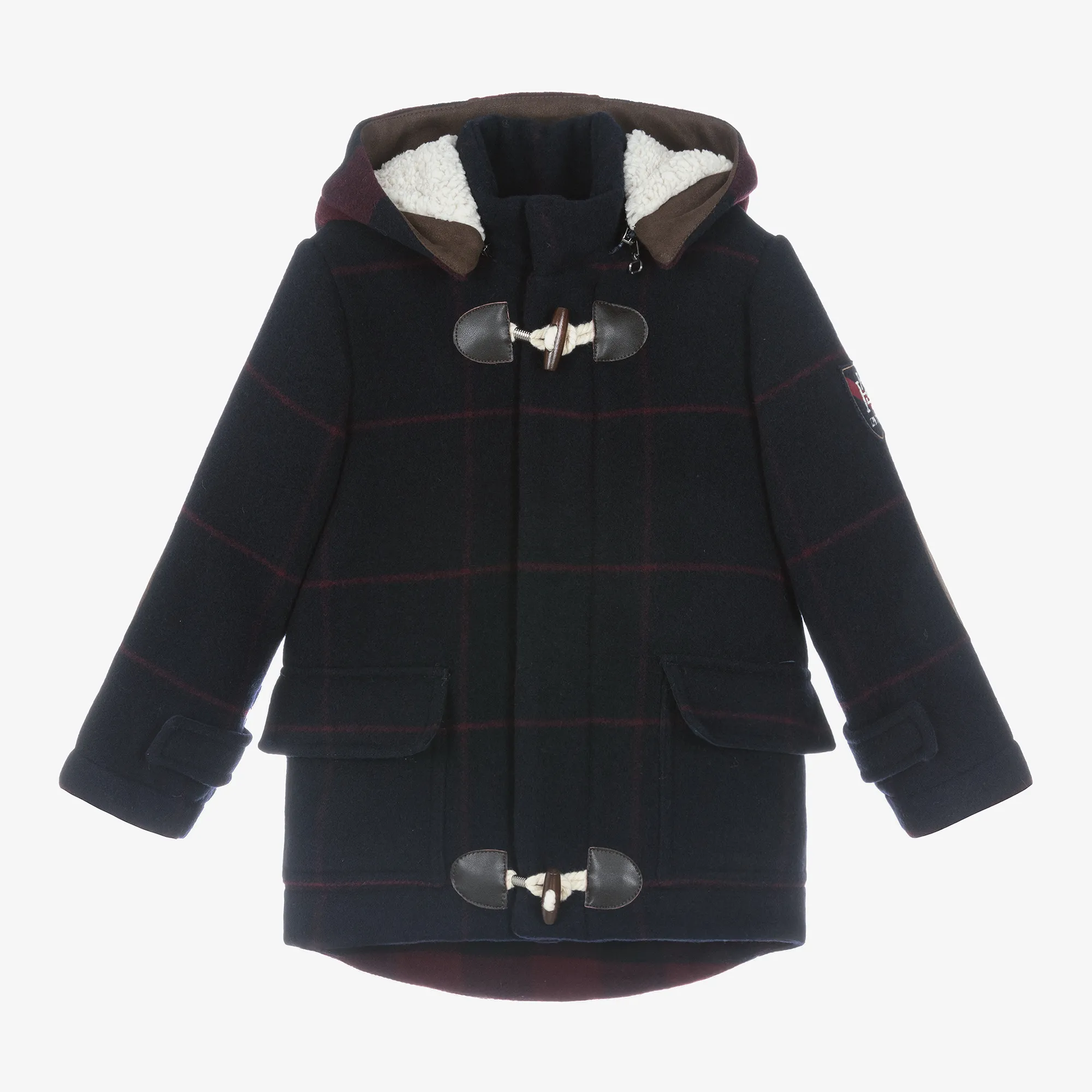 Boys Navy Blue Check Wool Duffle Coat