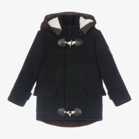 Boys Navy Blue Check Wool Duffle Coat