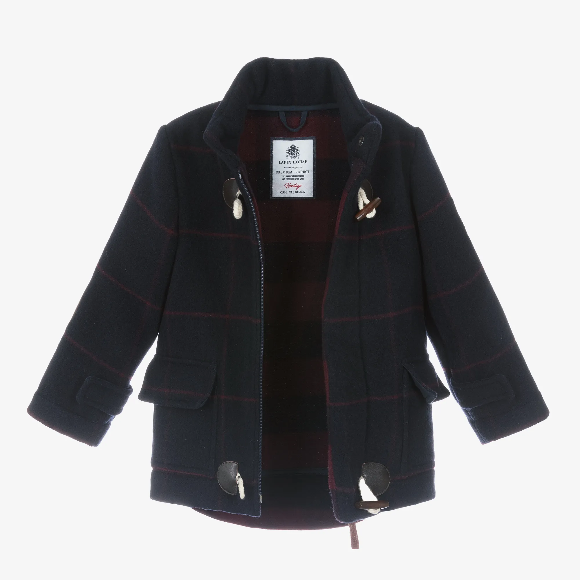 Boys Navy Blue Check Wool Duffle Coat