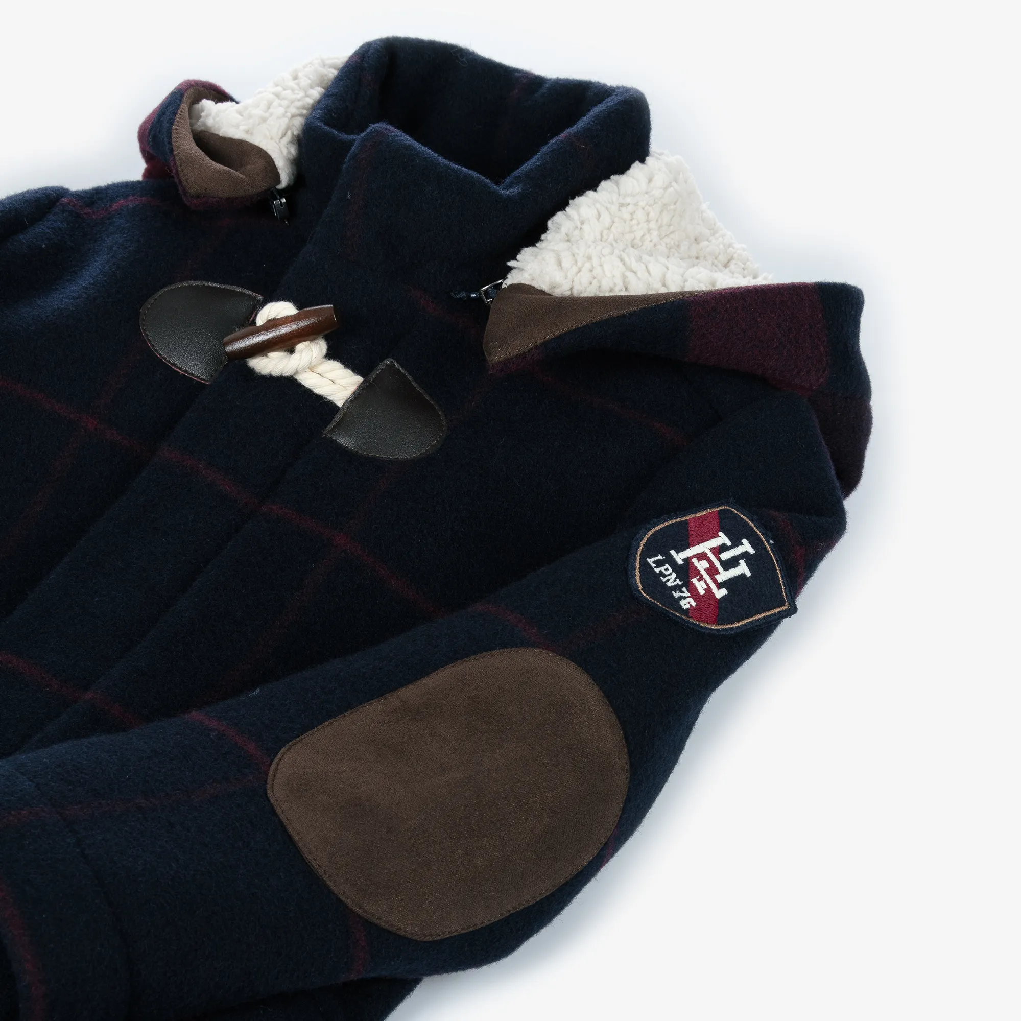 Boys Navy Blue Check Wool Duffle Coat