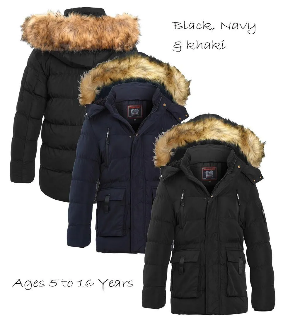 Boys Black Faux Fur Jacket Padded Parka Coat, Ages 5-16