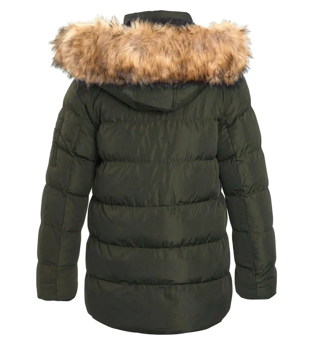 Boys Black Faux Fur Jacket Padded Parka Coat, Ages 5-16