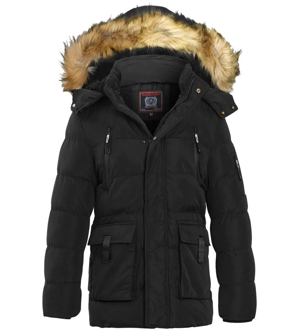 Boys Black Faux Fur Jacket Padded Parka Coat, Ages 5-16