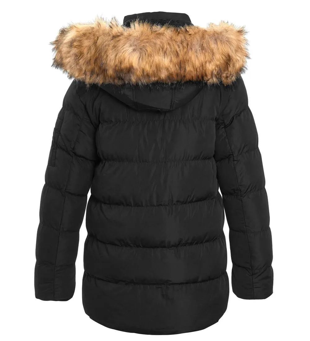 Boys Black Faux Fur Jacket Padded Parka Coat, Ages 5-16