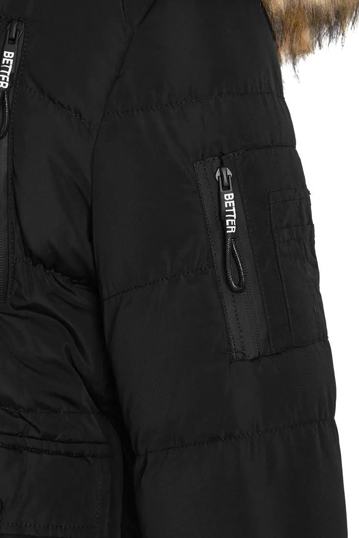 Boys Black Faux Fur Jacket Padded Parka Coat, Ages 5-16