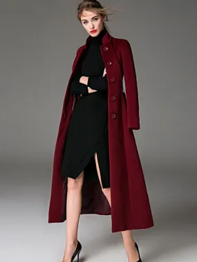 Burgundy Winter Coat Women Wool Blend Long Outerwear Sash