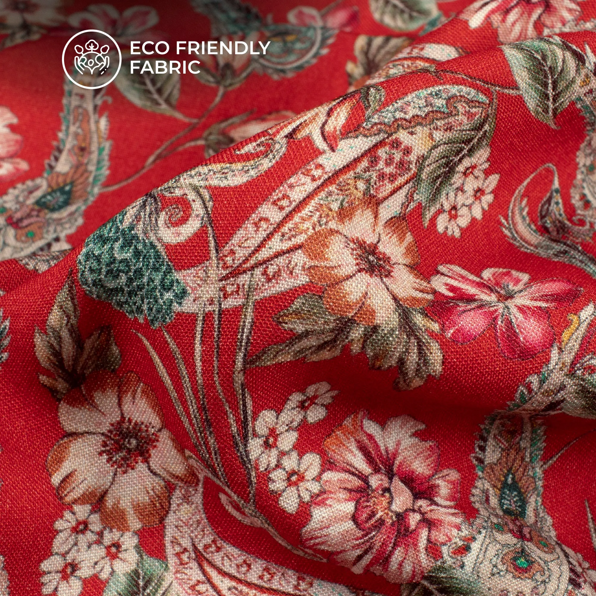 Cardinal Red Floral Viscose Rayon Fabric (58 Inches)