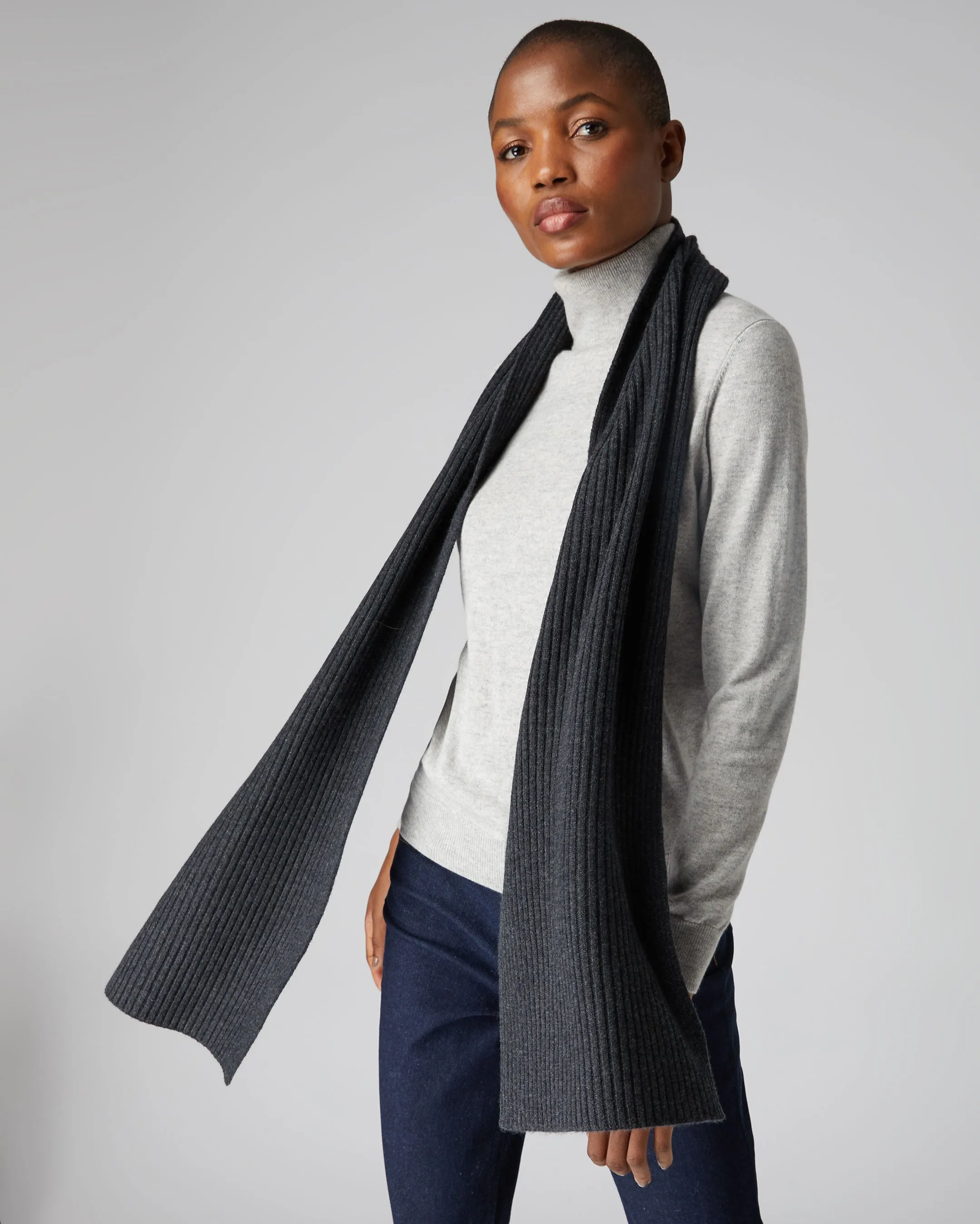 Cashmere Scarf in Dark Charcoal Grey- Unisex Ribbed Style