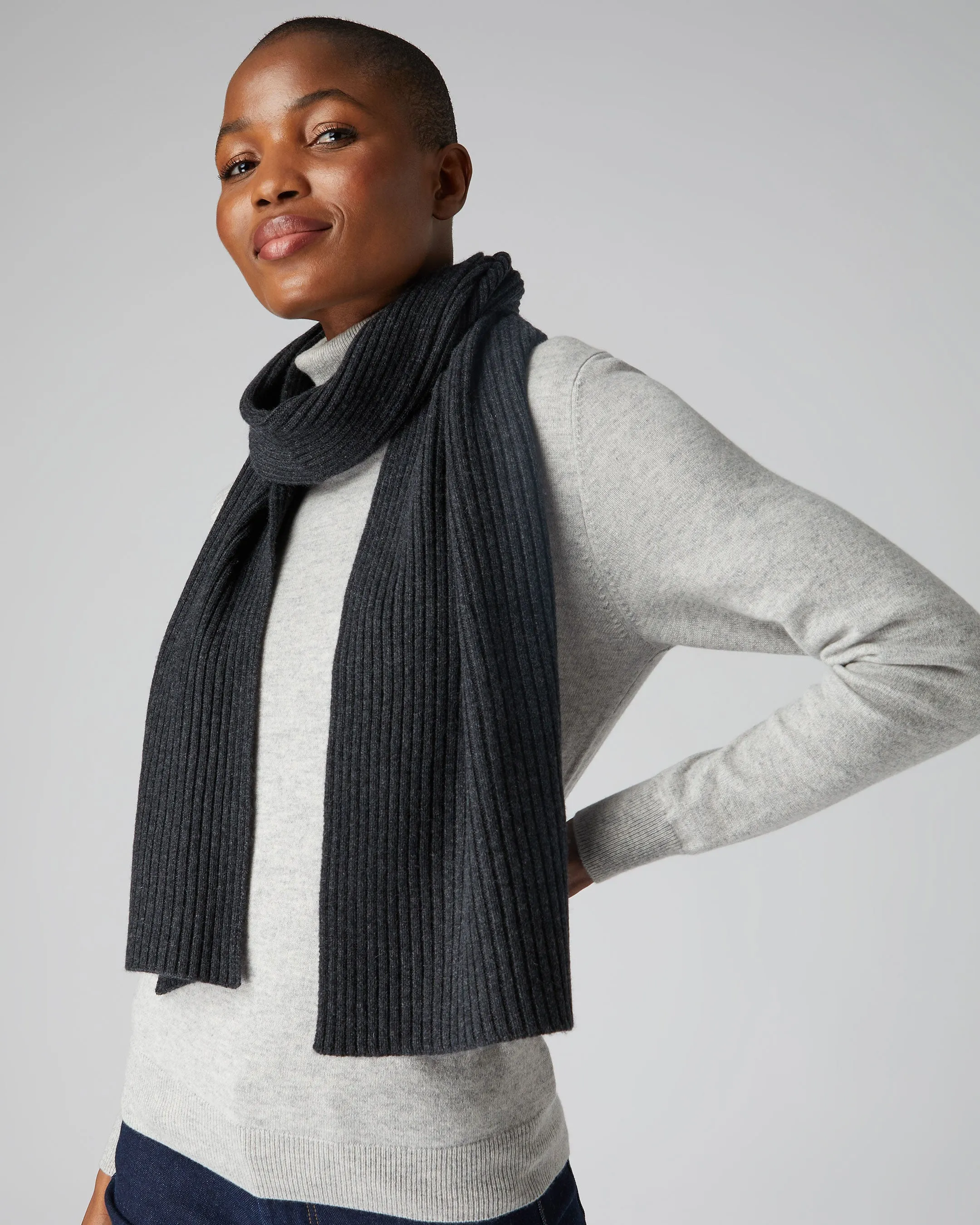 Cashmere Scarf in Dark Charcoal Grey- Unisex Ribbed Style