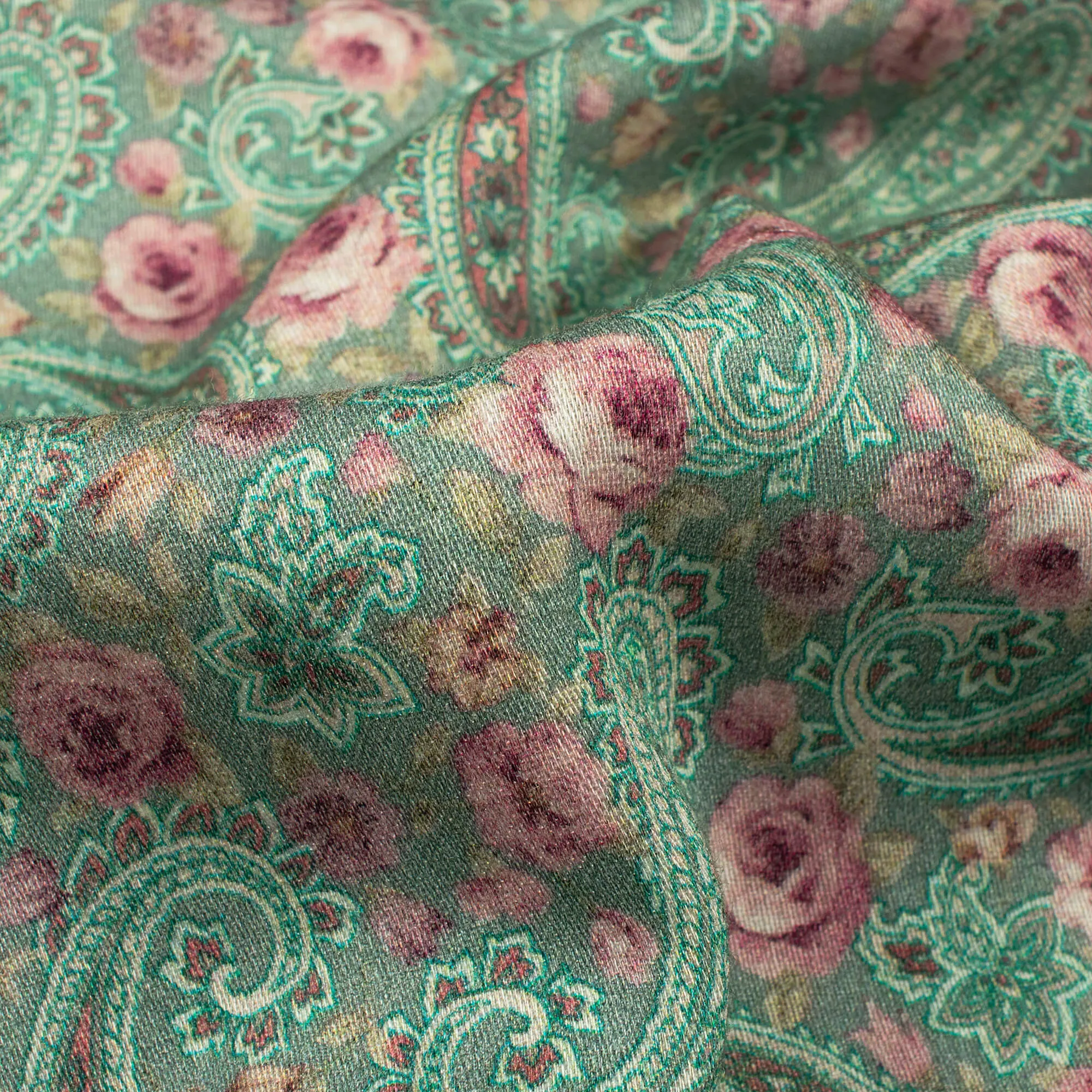 Digital Print Turquoise Blue Pink Paisley Viscose Rayon Fabric 58-Inch Width