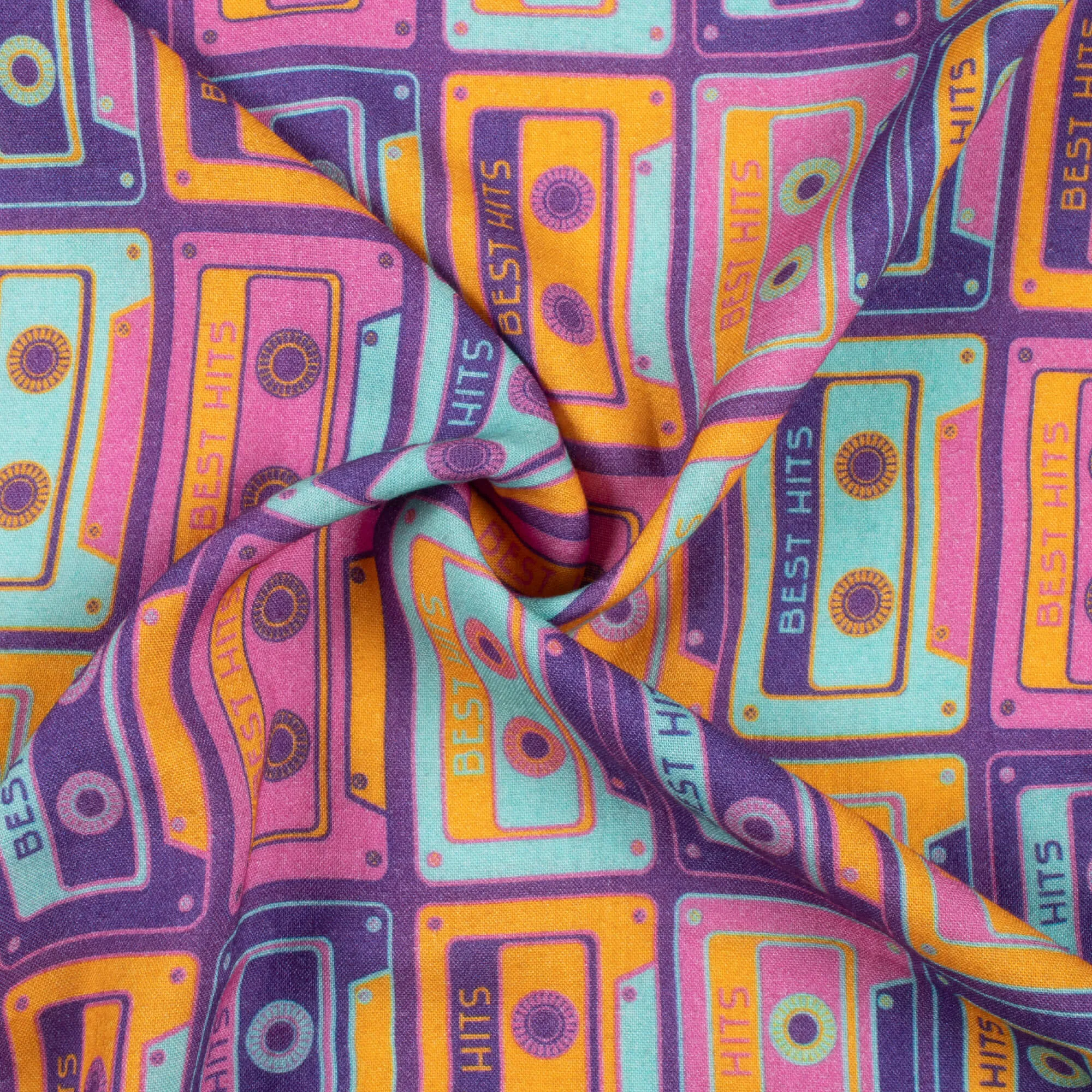 Digital Print Viscose Rayon Fabric in Plum Purple and Sky Blue Quirky Pattern