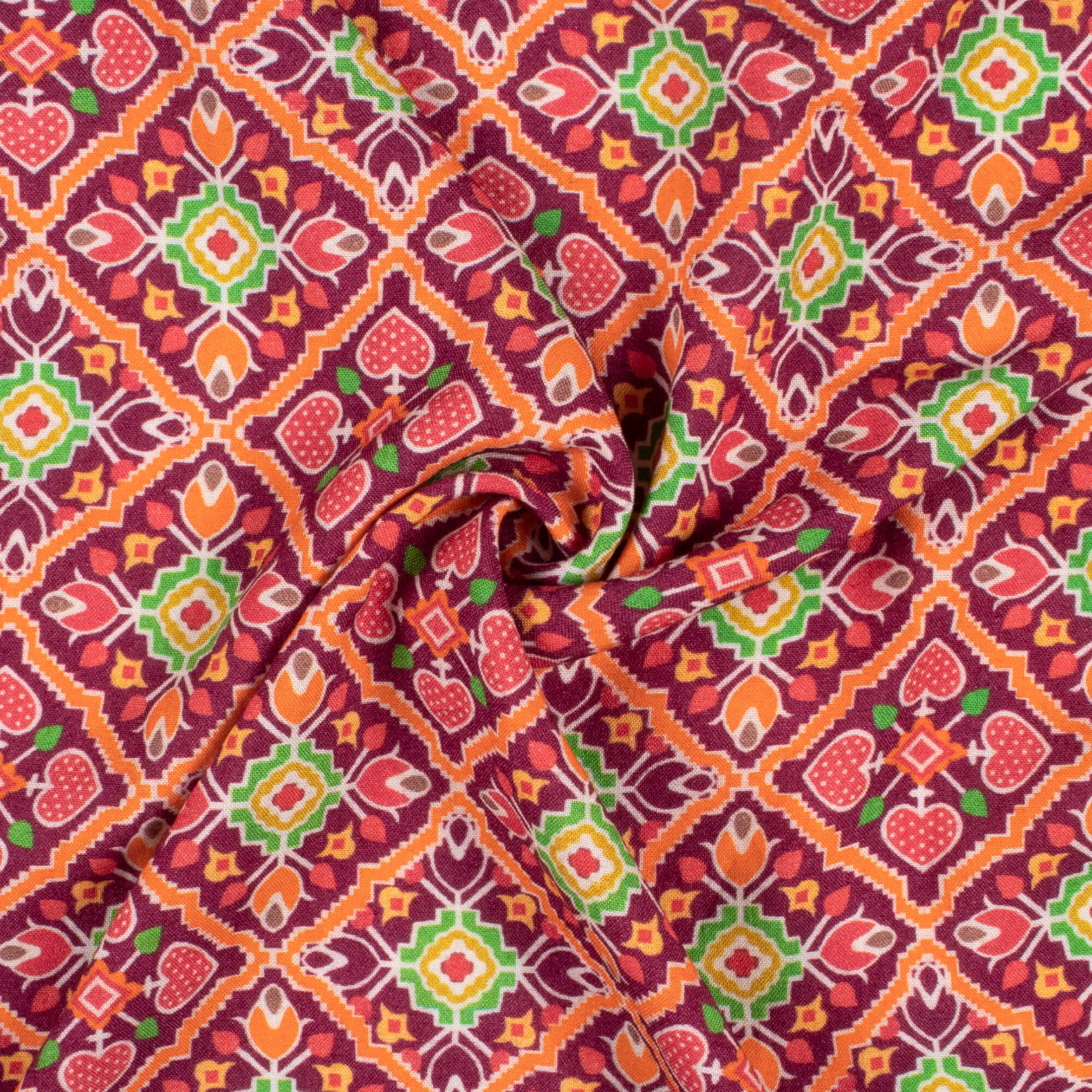 Digital Print Viscose Rayon Fabric in Ruby Red and Orange Patola Pattern (58 Inches Width)