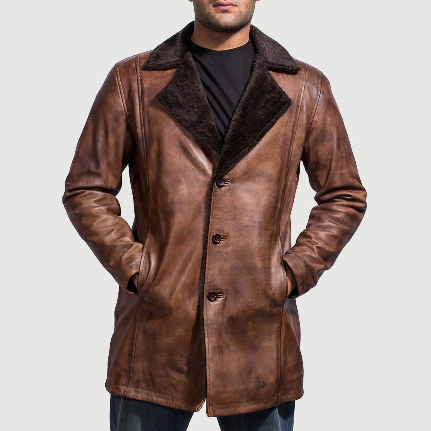 Distressed Cinnamon Leather Coat with Fur Fur Coat.