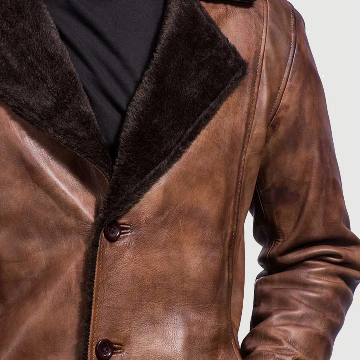 Distressed Cinnamon Leather Coat with Fur Fur Coat.