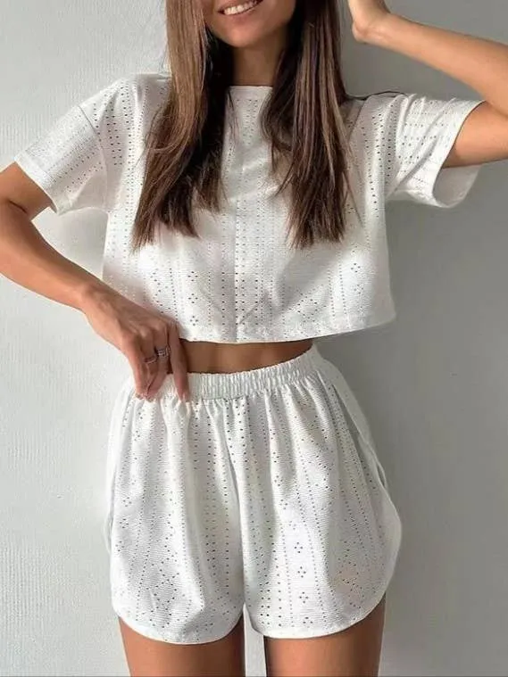 Eyelet basic short sleeve loose tee lounge shorts set ADDITIONAL INFO