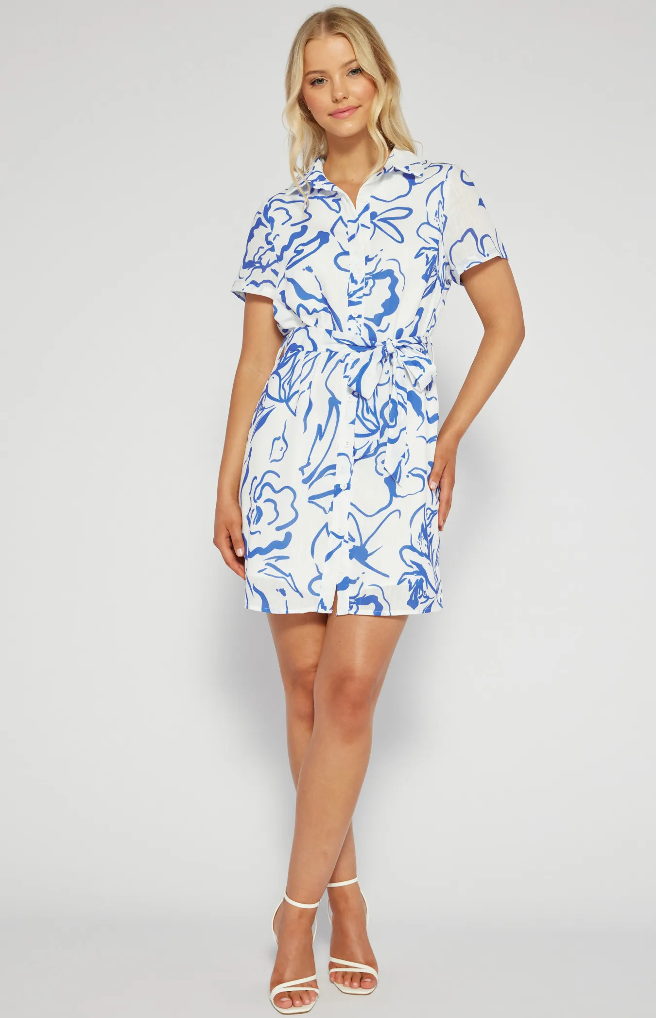 Faux Linen Abstract Printed Shirt Dress